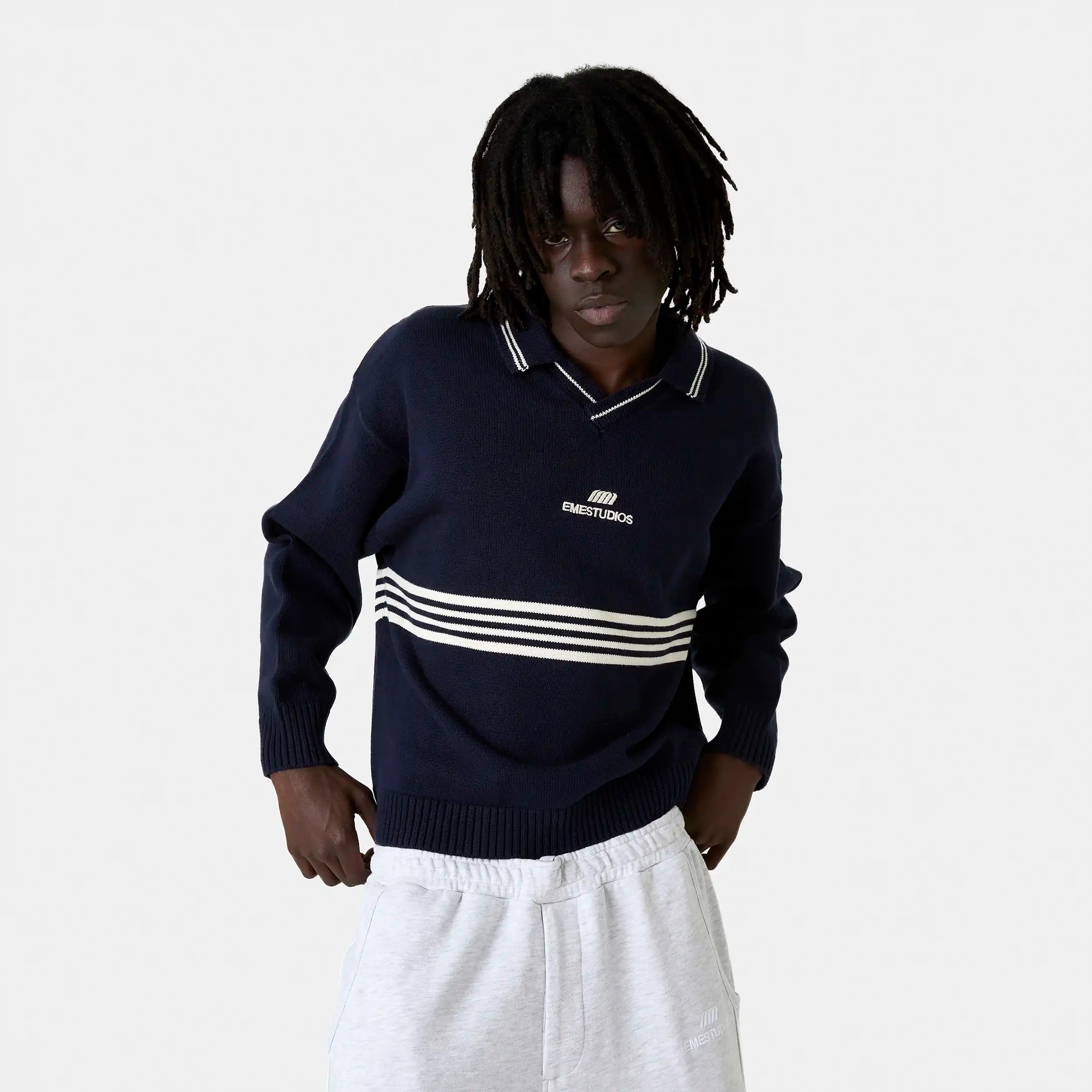 Pivot Navy Knit Polo Knitwear Eme Studios