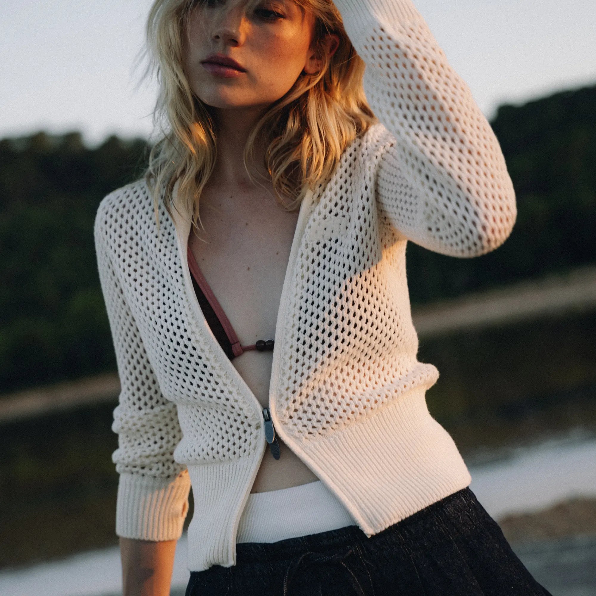 Ursula Off Sand Crochet Full Zip Woman Knitwear Eme Studios