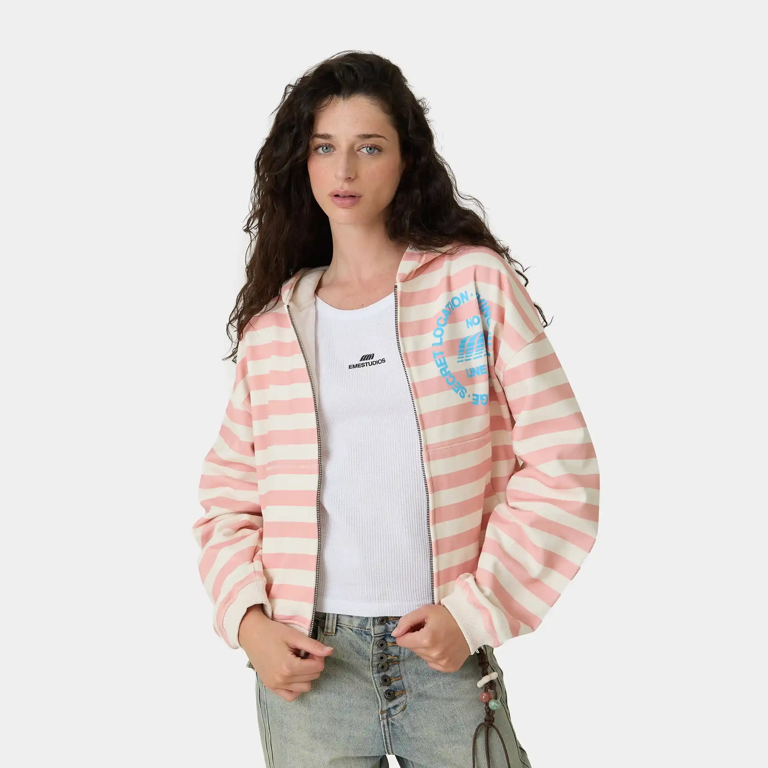 Wander Pink Cropped Boxy Full Zip Hoodies Eme Studios