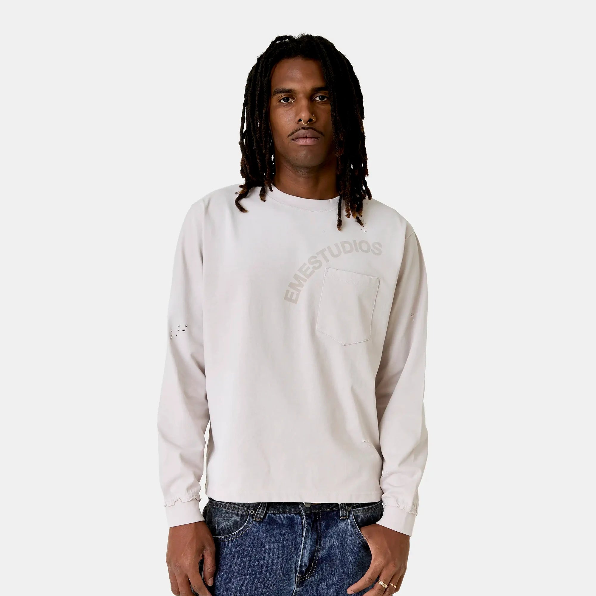 Frayed Pocket Off Sand Long Sleeve T-shirts Eme Studios