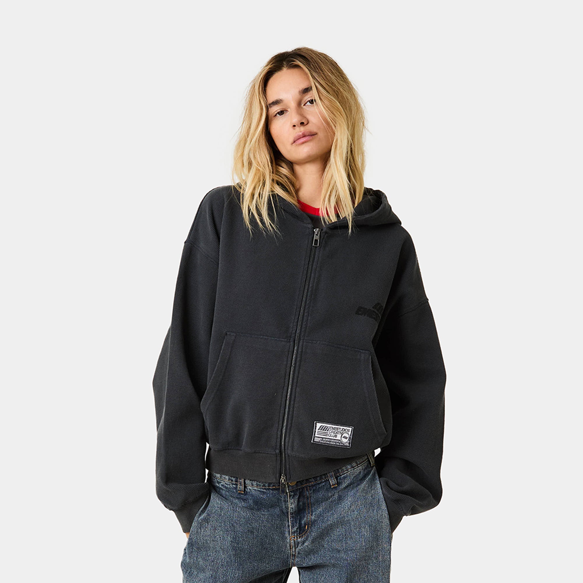 Waffle Navy Croped Boxy Full Zip Hoodies Eme Studios