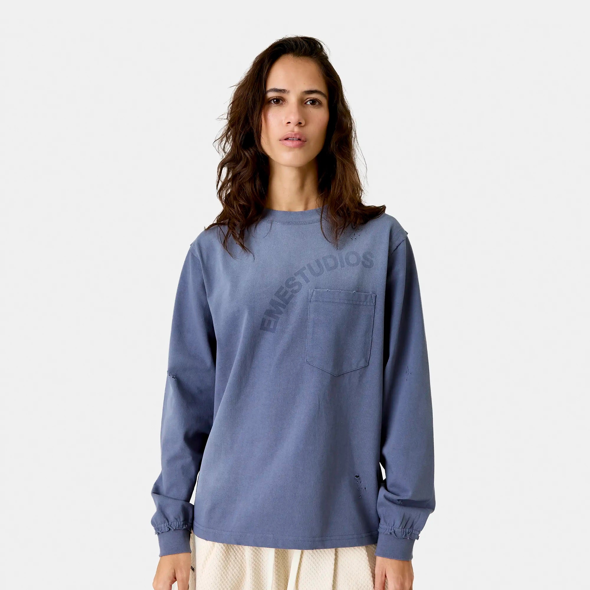 Frayed Pocket Navy Long Sleeve T-shirts Eme Studios