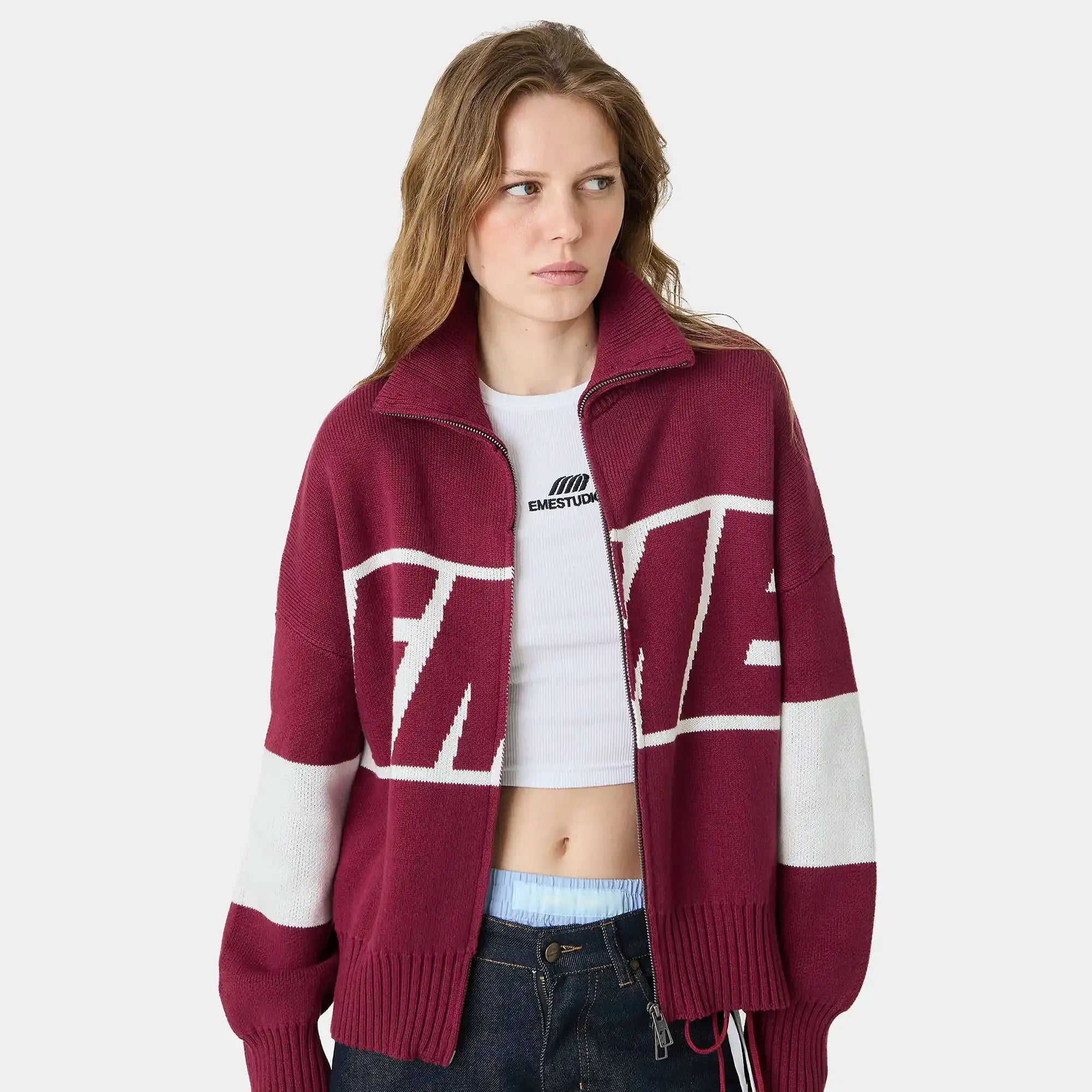 Thrill Burgundy Zipper Knit Knitwear eme