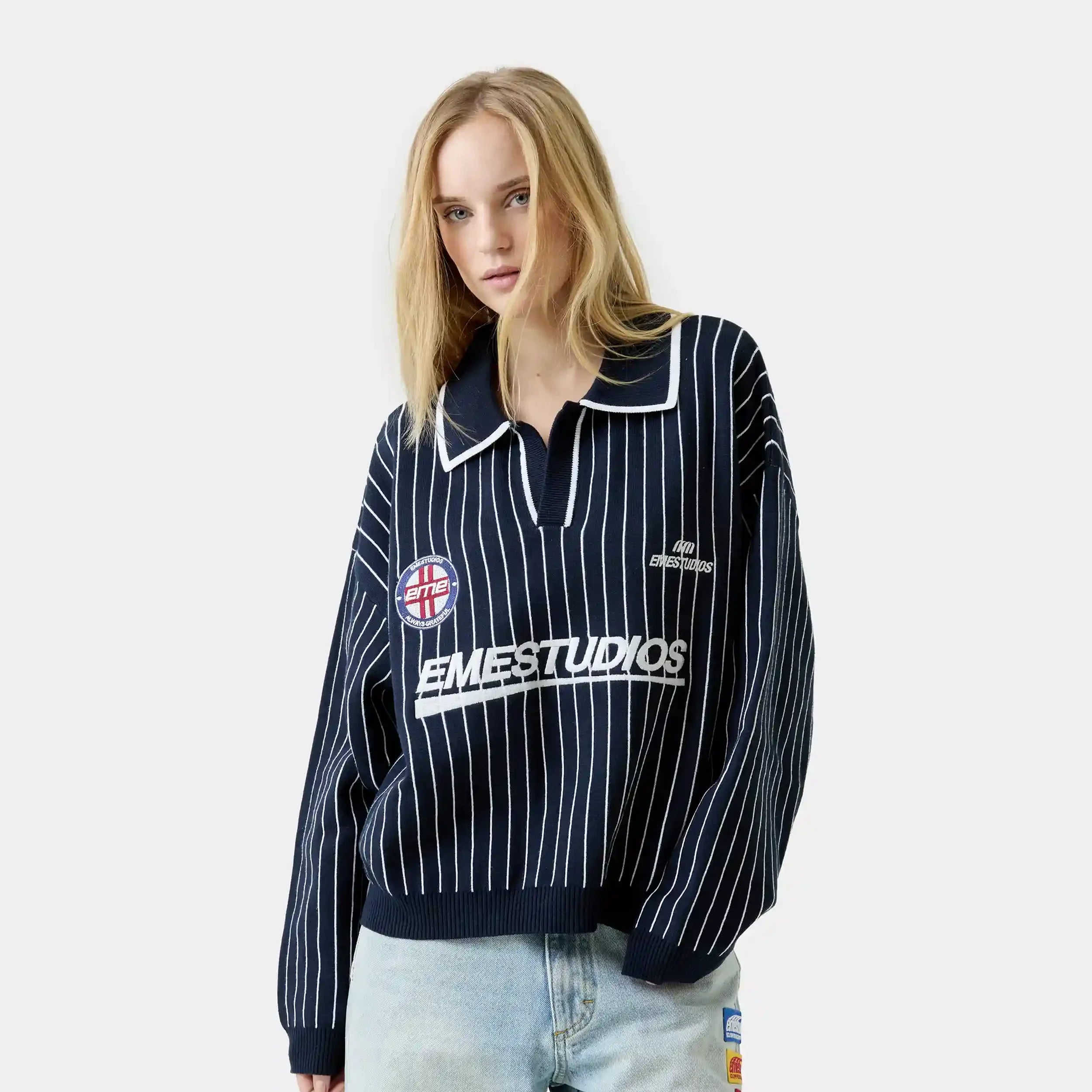 Pinstripe Navy Knit Polo Knitwear Eme Studios