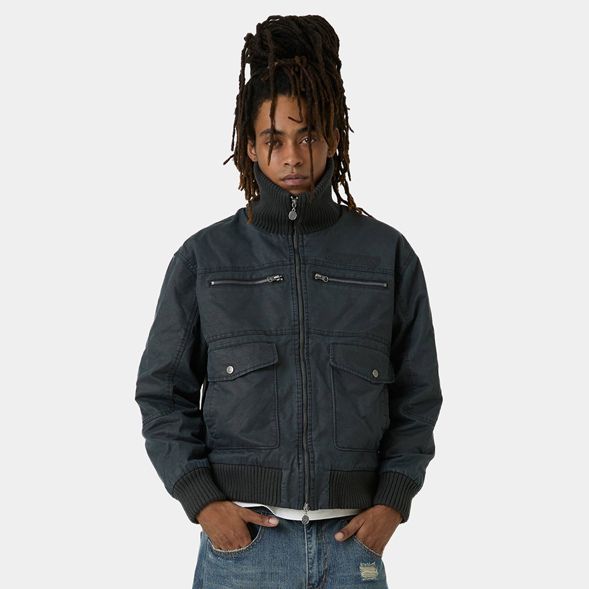 Sess Navy Leather Jacket Outerwear Eme Studios
