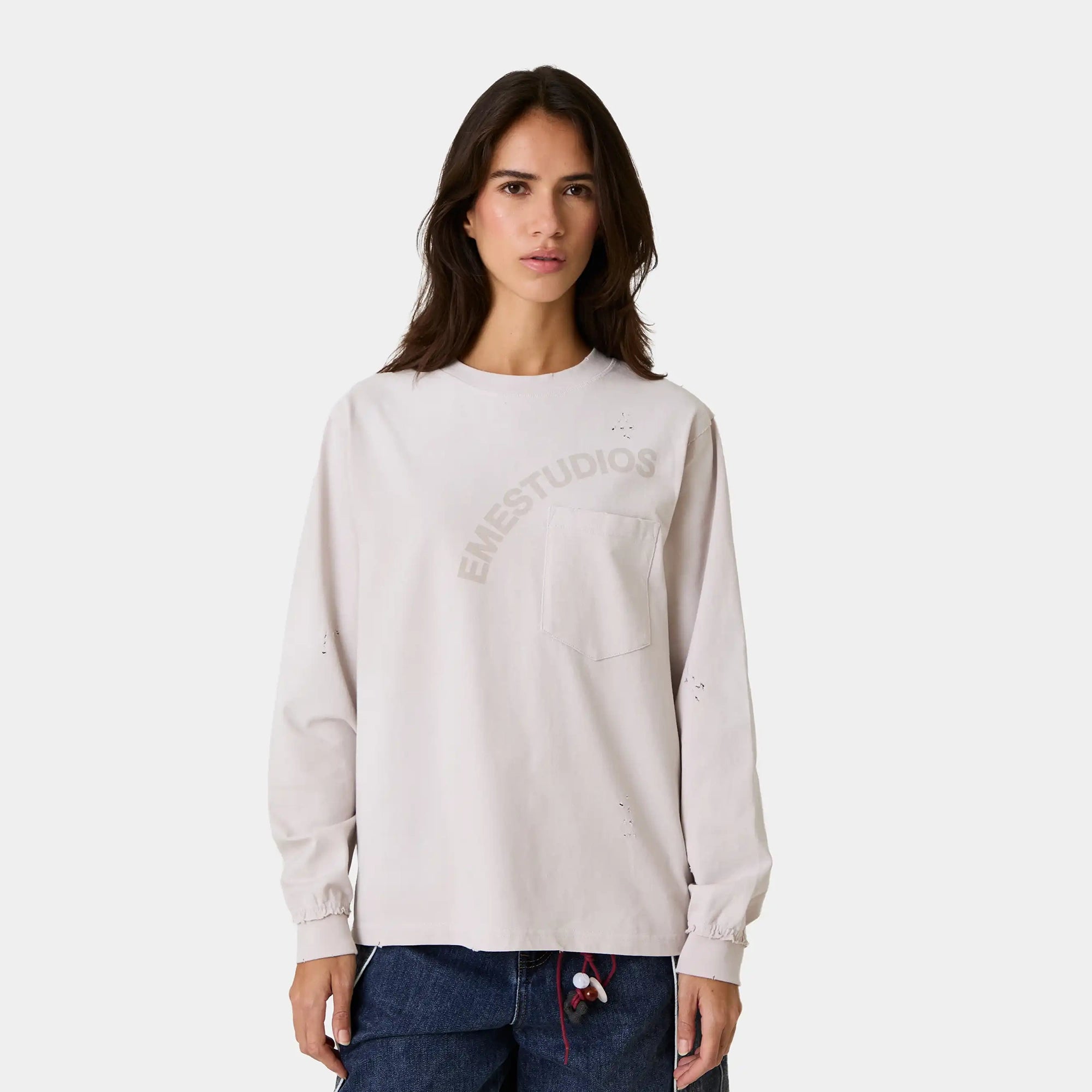 Frayed Pocket Off Sand Long Sleeve T-shirts Eme Studios
