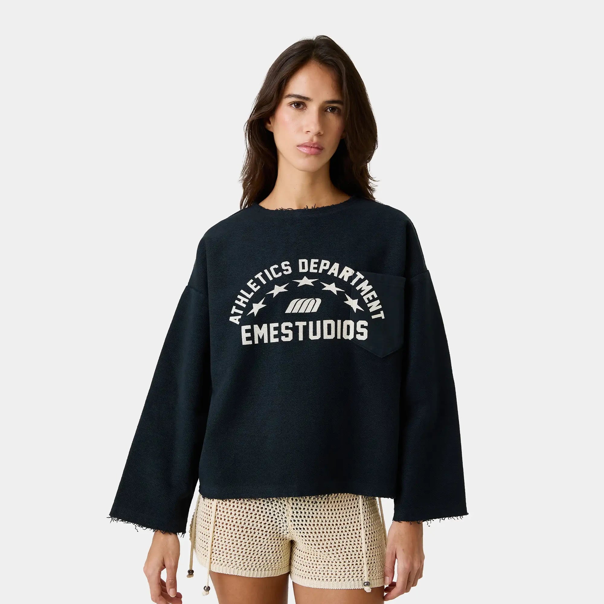 Pocket Navy Reverse Crewneck Sweatshirts Eme Studios