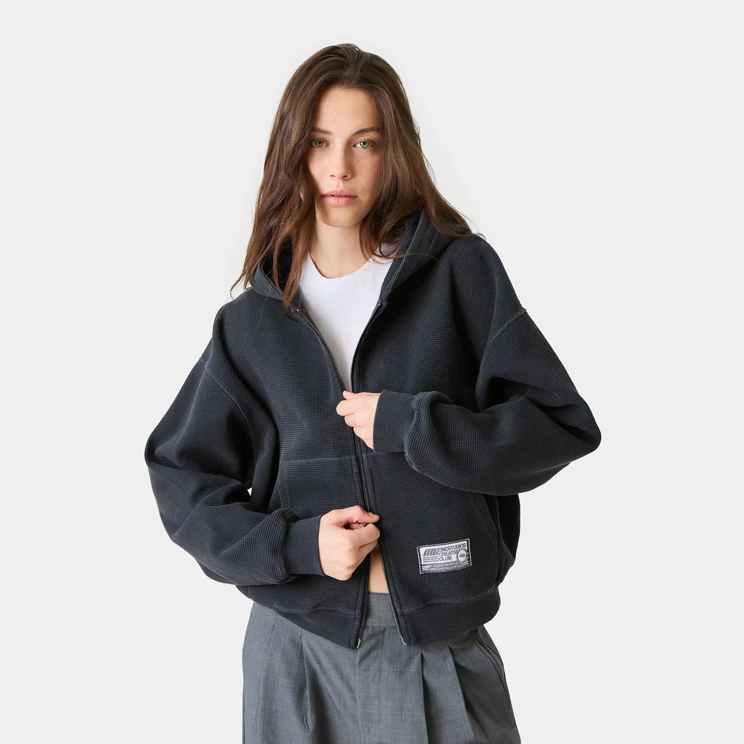 Waffle Navy Croped Boxy Full Zip Hoodies Eme Studios