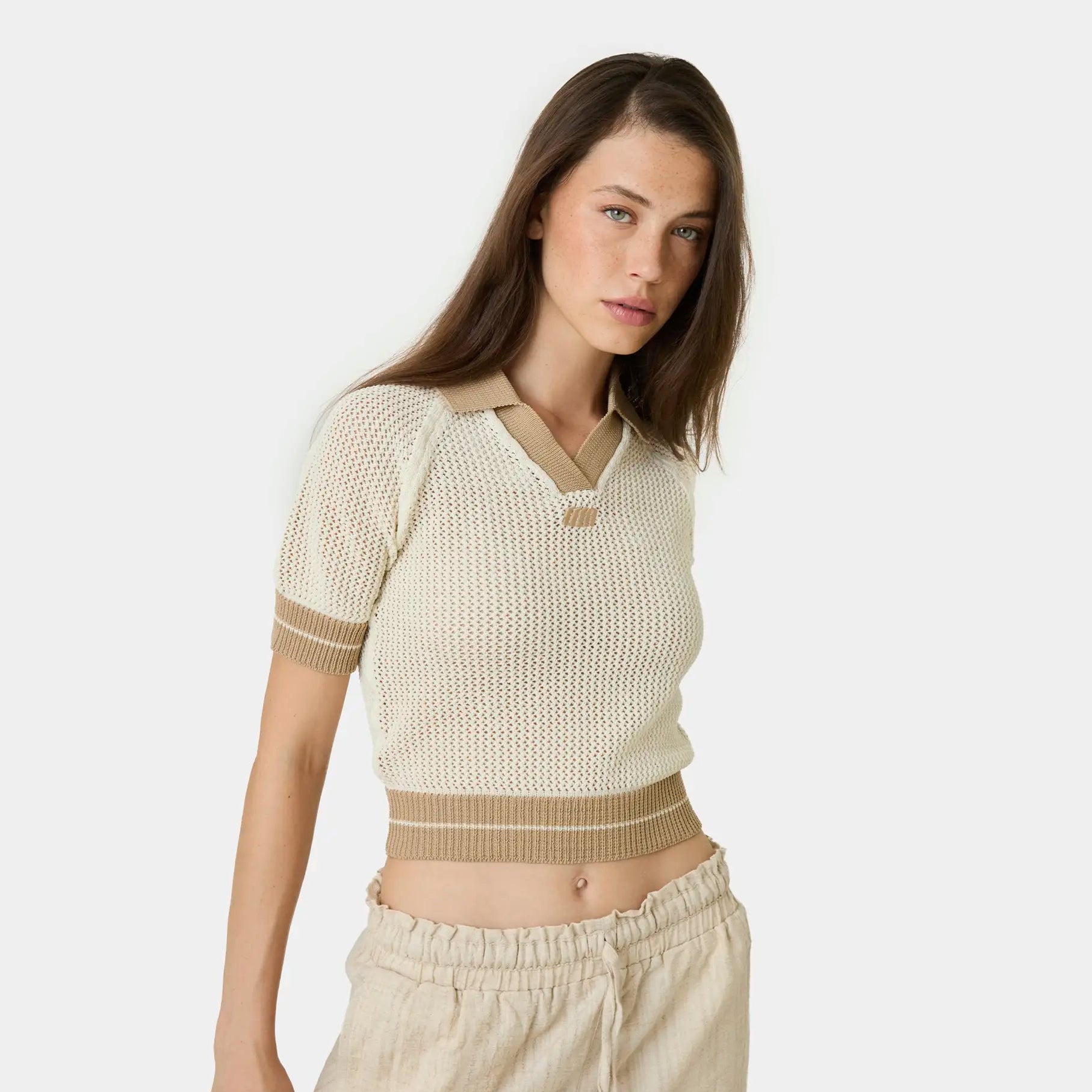 Ocata Off Sand Crochet Knit Polo Woman Knitwear Eme Studios