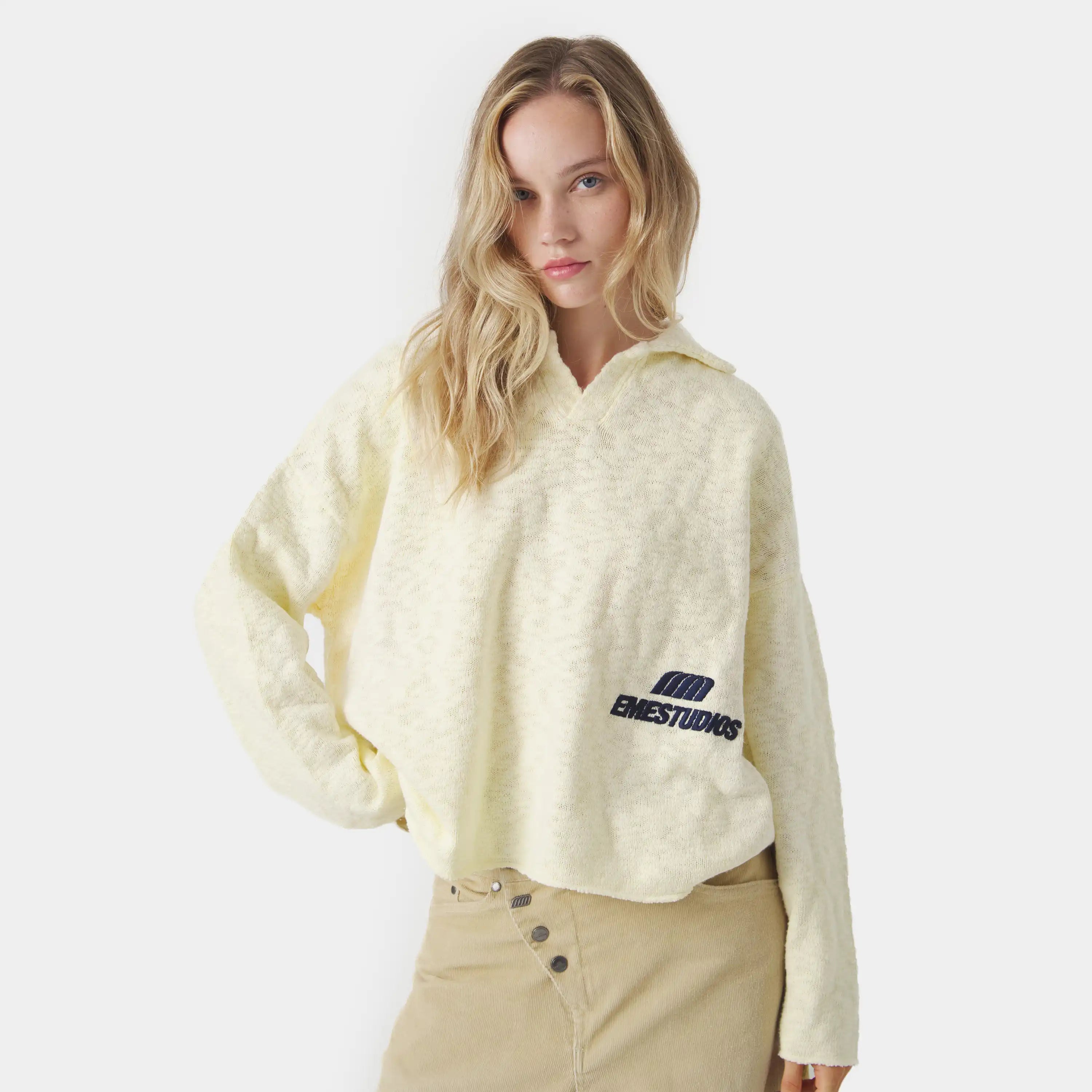 Kiff Off Sand Distressed Knit Polo Knitwear eme