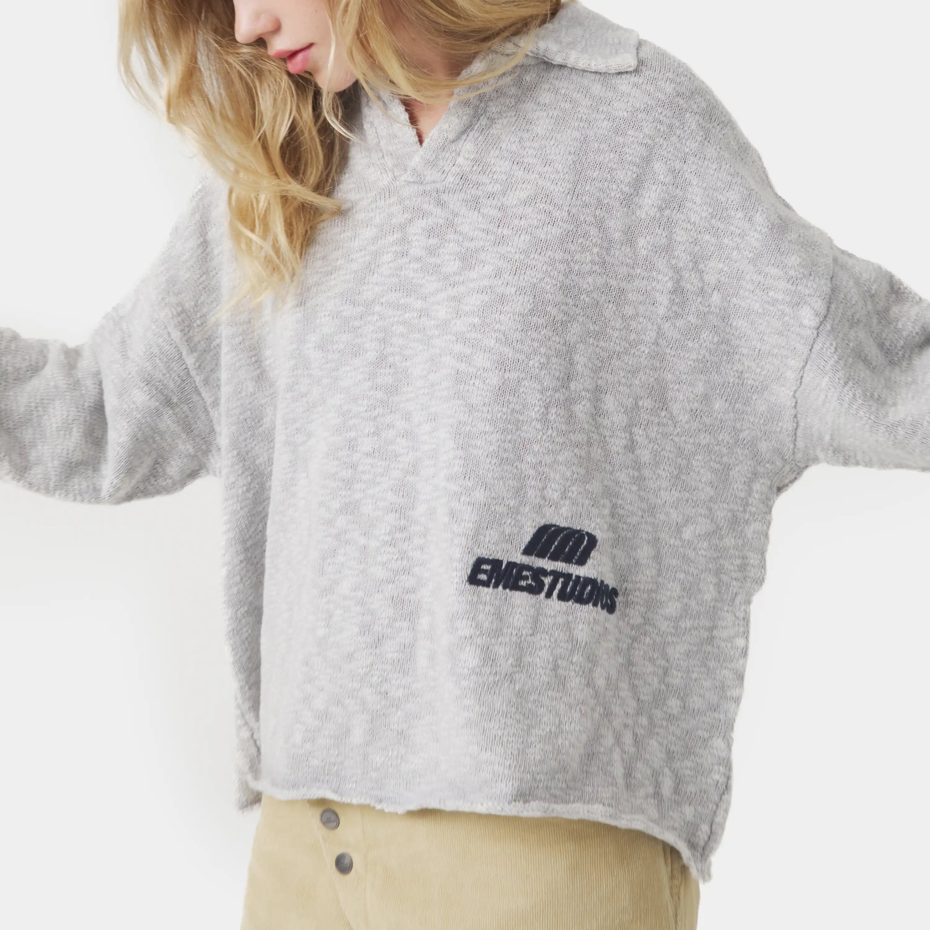 Kiff Grey Distressed Knit Polo Knitwear eme
