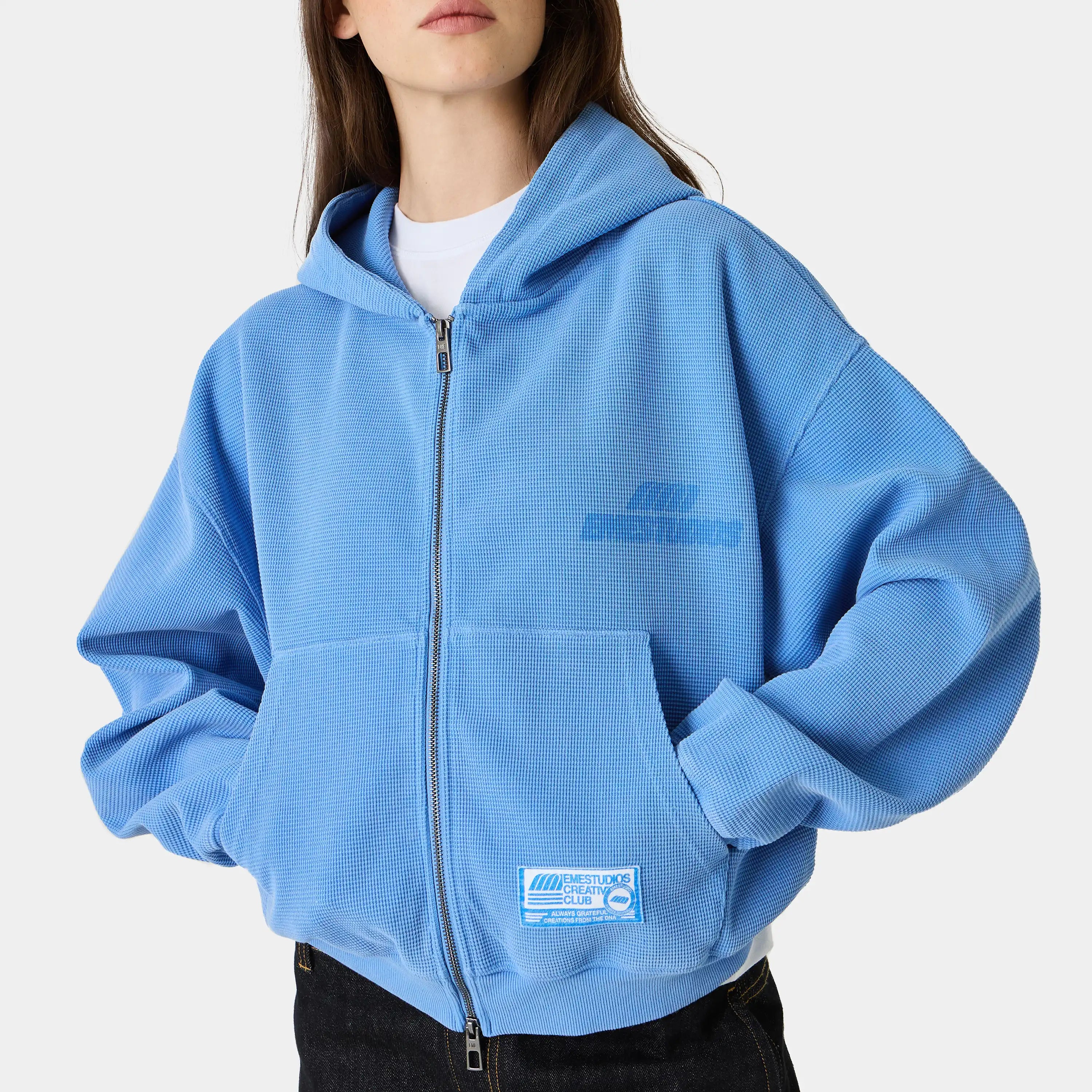 Waffle Cobalt Croped Boxy Full Zip Hoodies Eme Studios