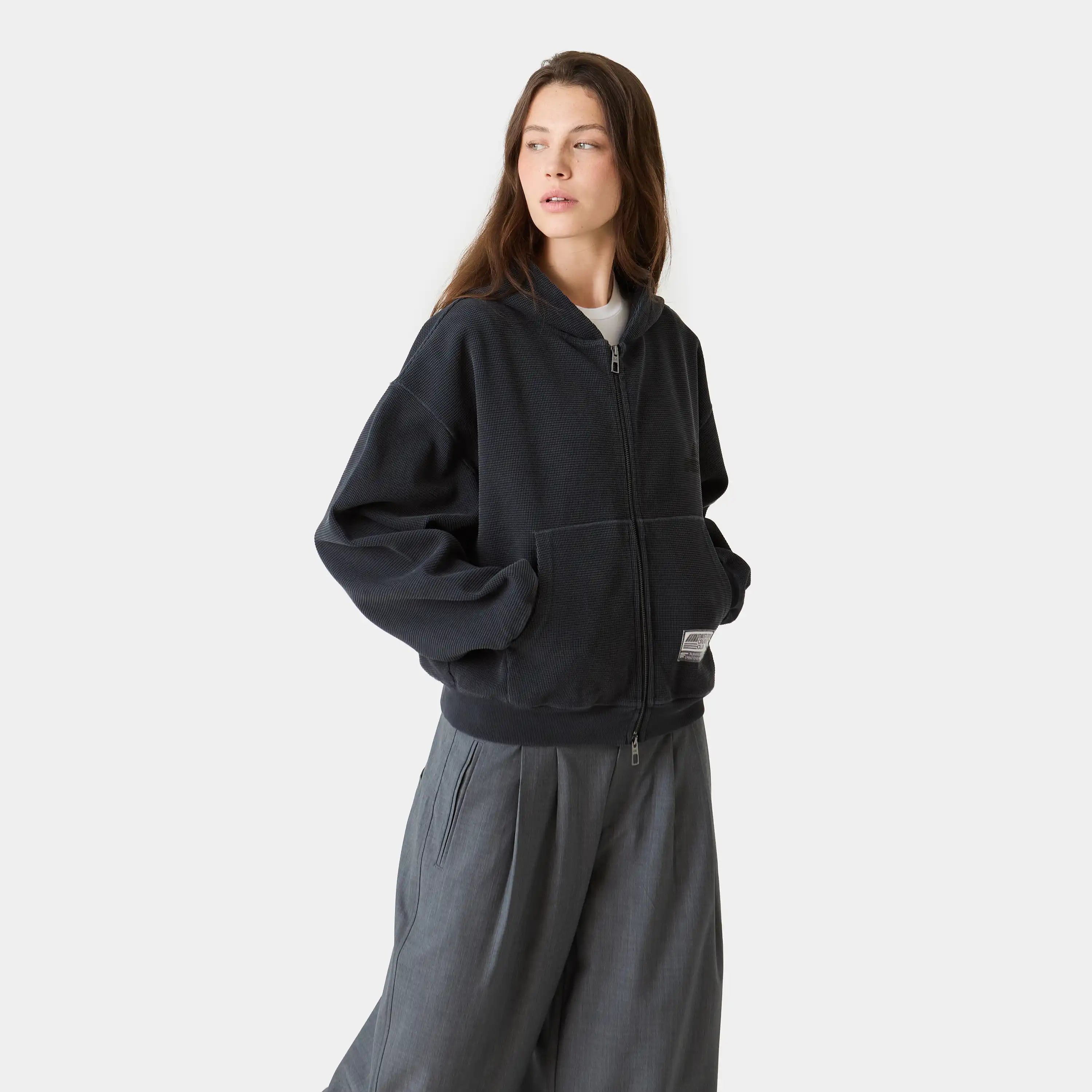 Waffle Navy Croped Boxy Full Zip Hoodies Eme Studios