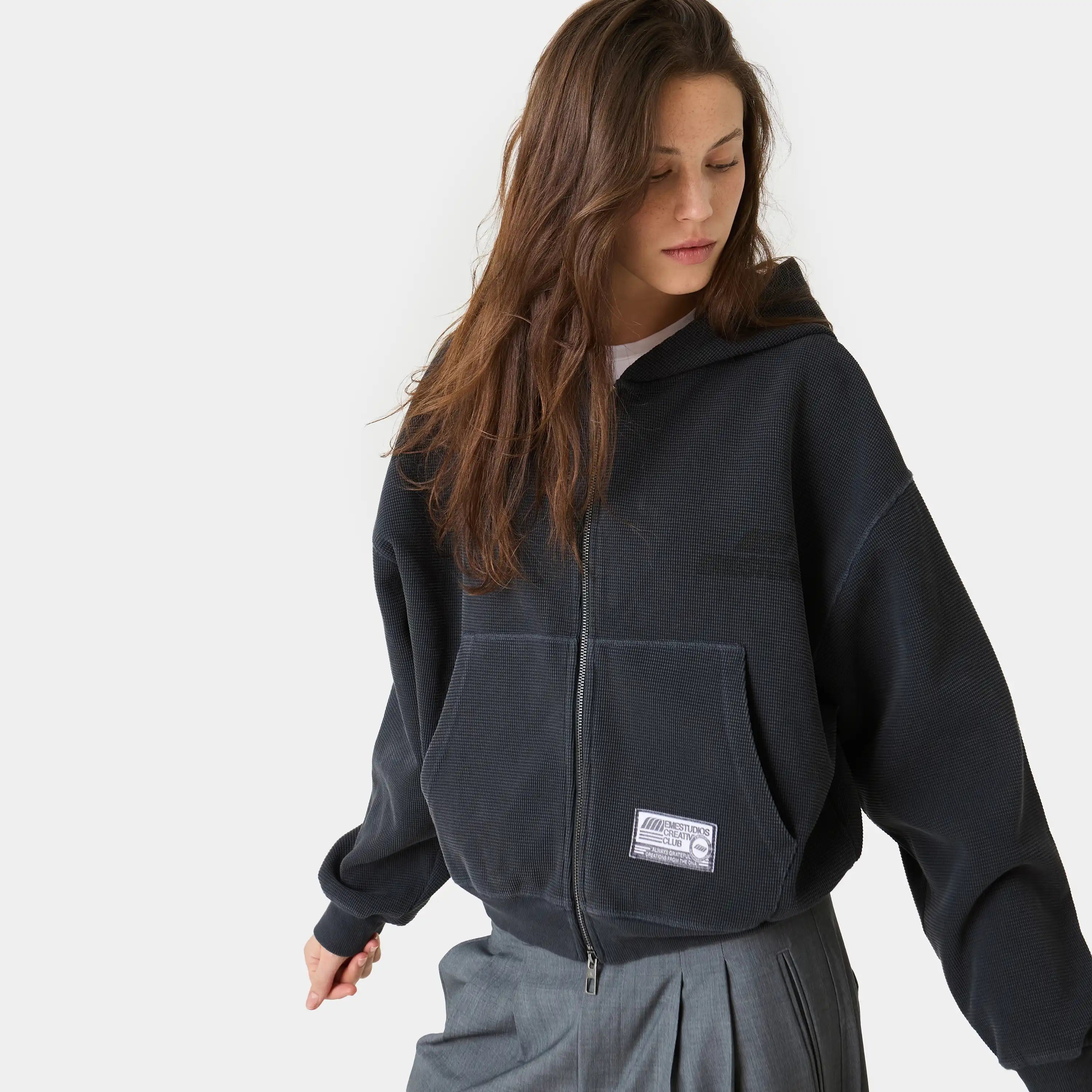 Waffle Navy Croped Boxy Full Zip Hoodies Eme Studios