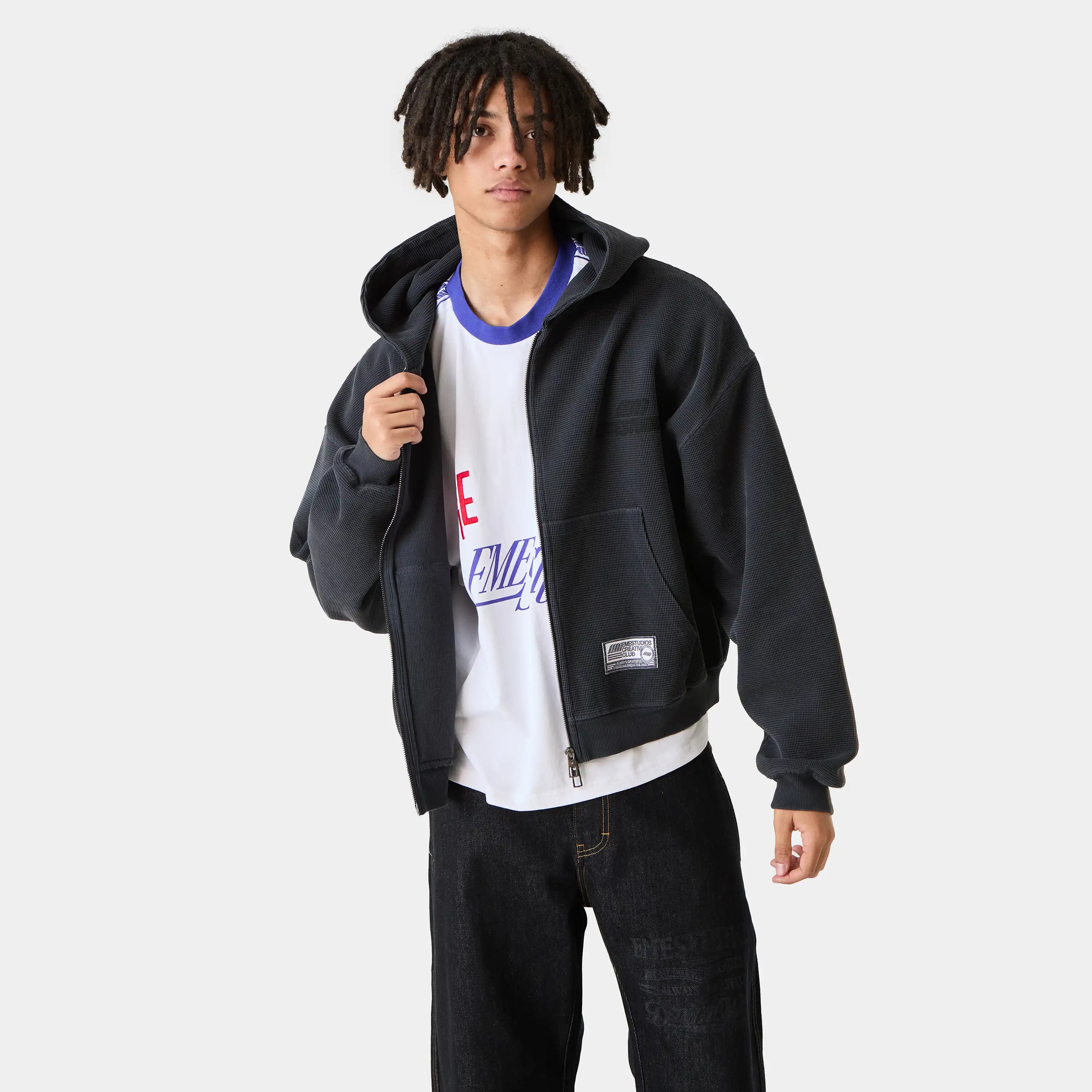 Waffle Navy Croped Boxy Full Zip Hoodies Eme Studios