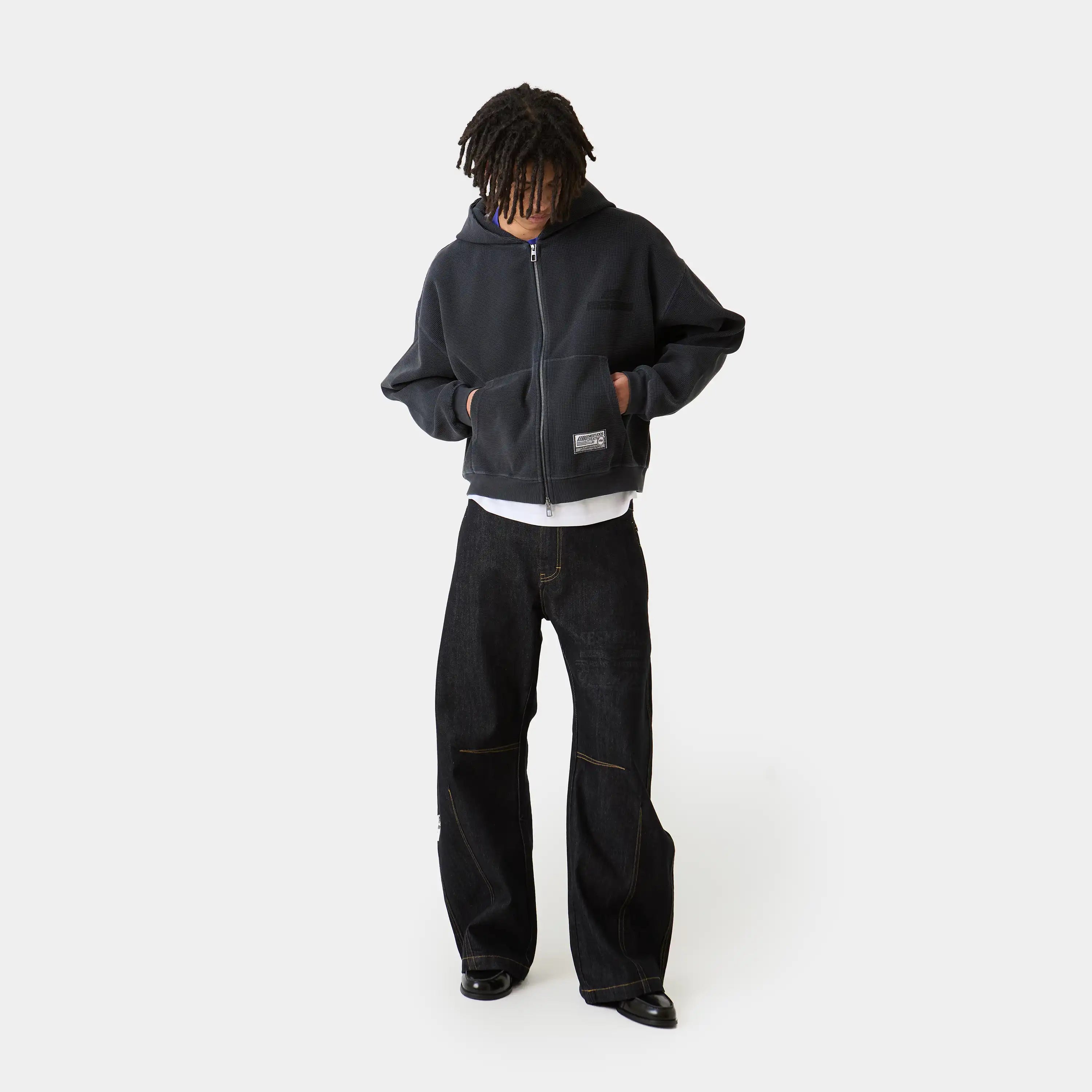 Waffle Navy Croped Boxy Full Zip Hoodies Eme Studios