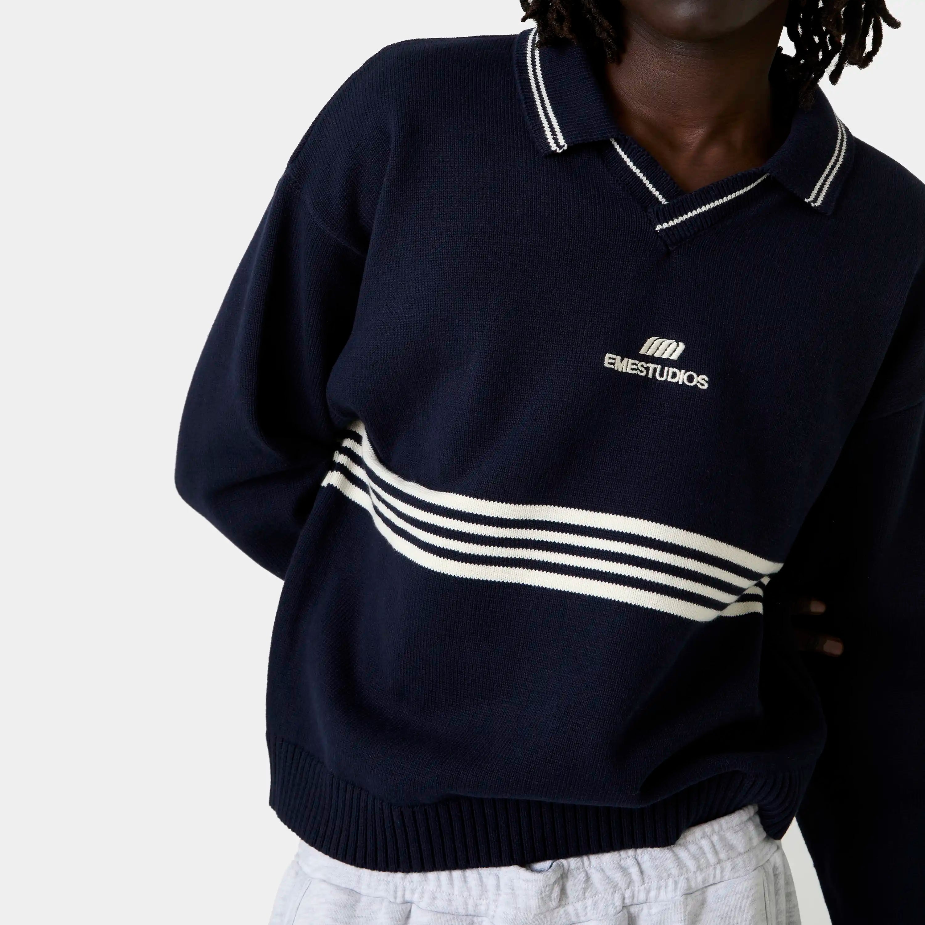Pivot Navy Knit Polo Knitwear Eme Studios