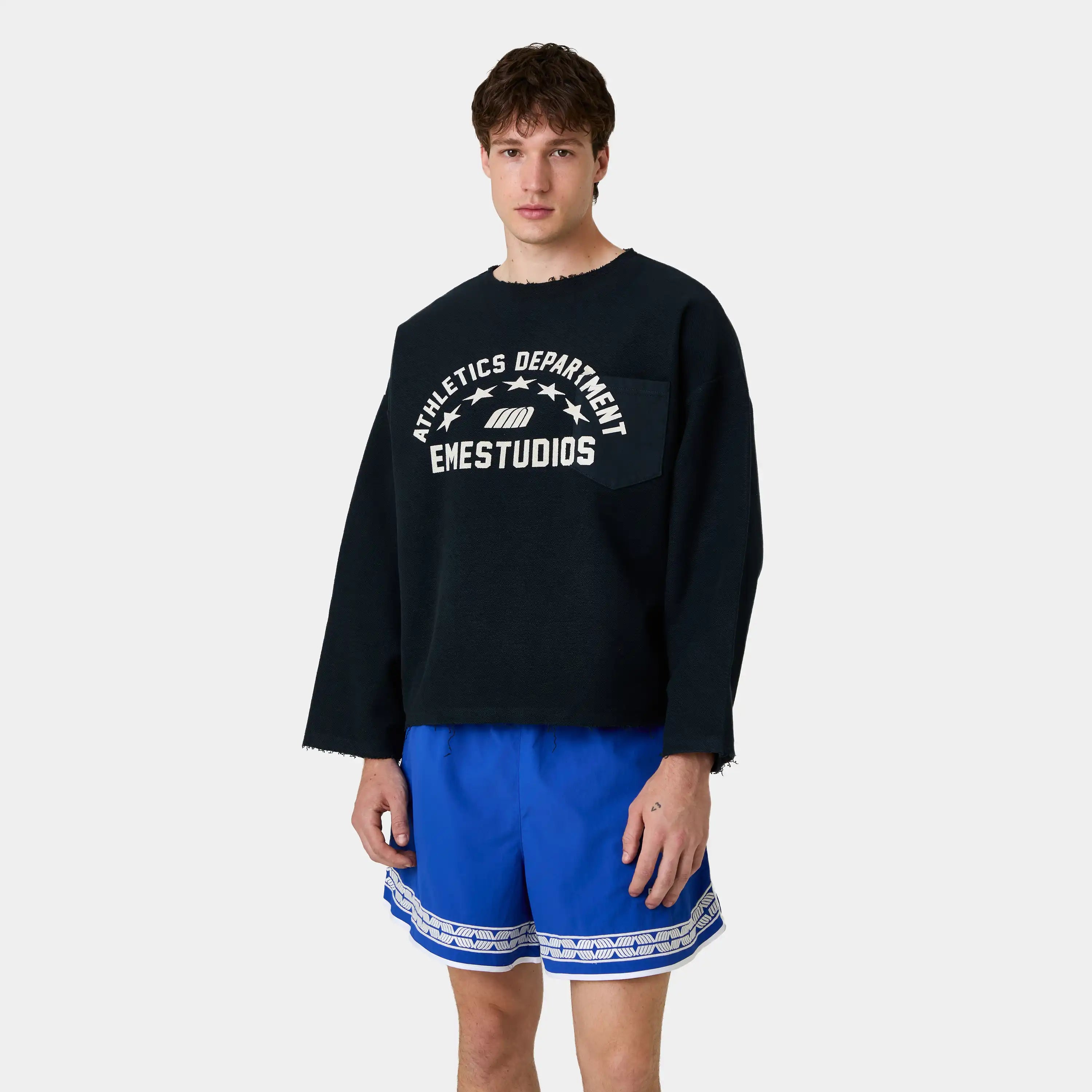 Pocket Navy Reverse Crewneck Sweatshirts Eme Studios
