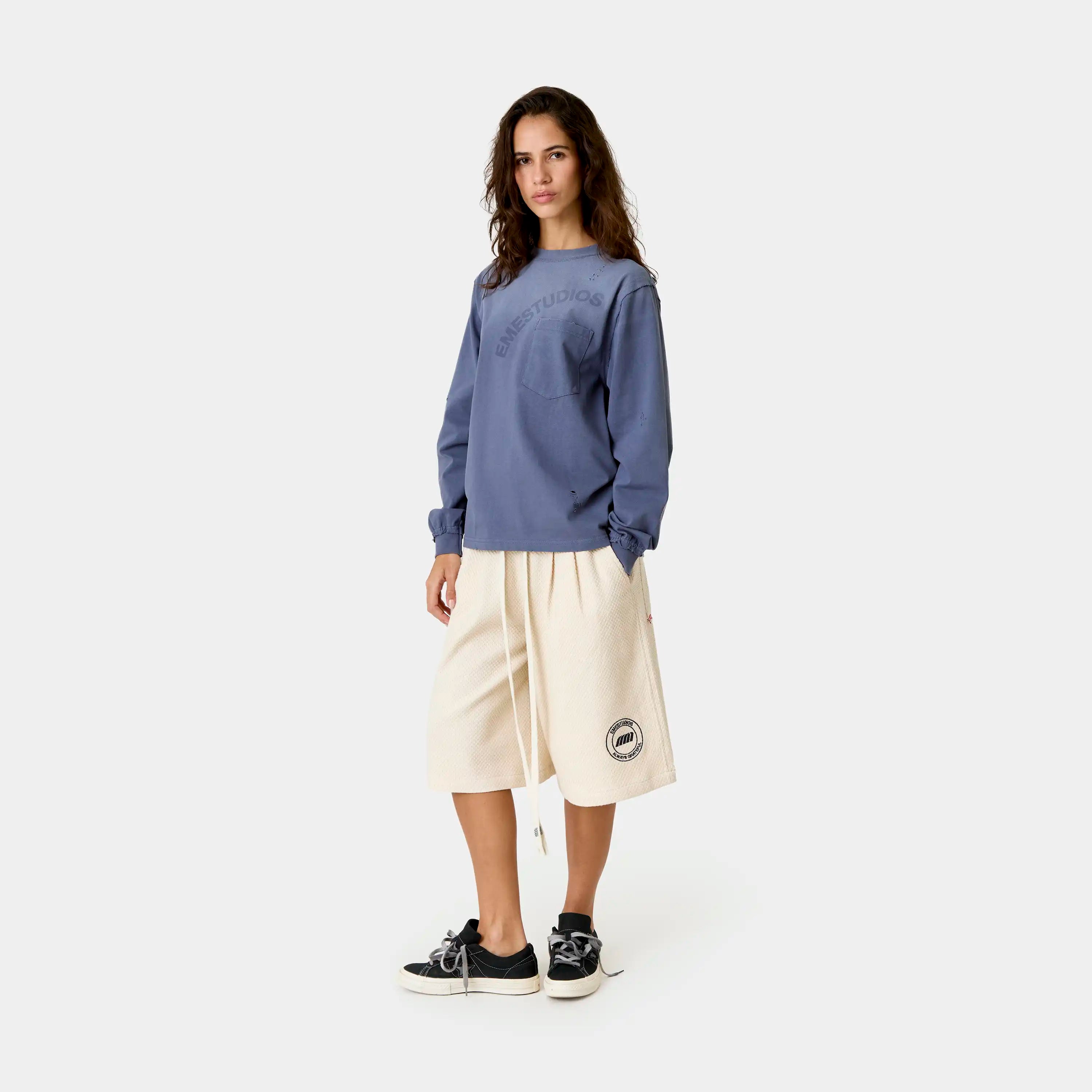 Frayed Pocket Navy Long Sleeve T-shirts Eme Studios