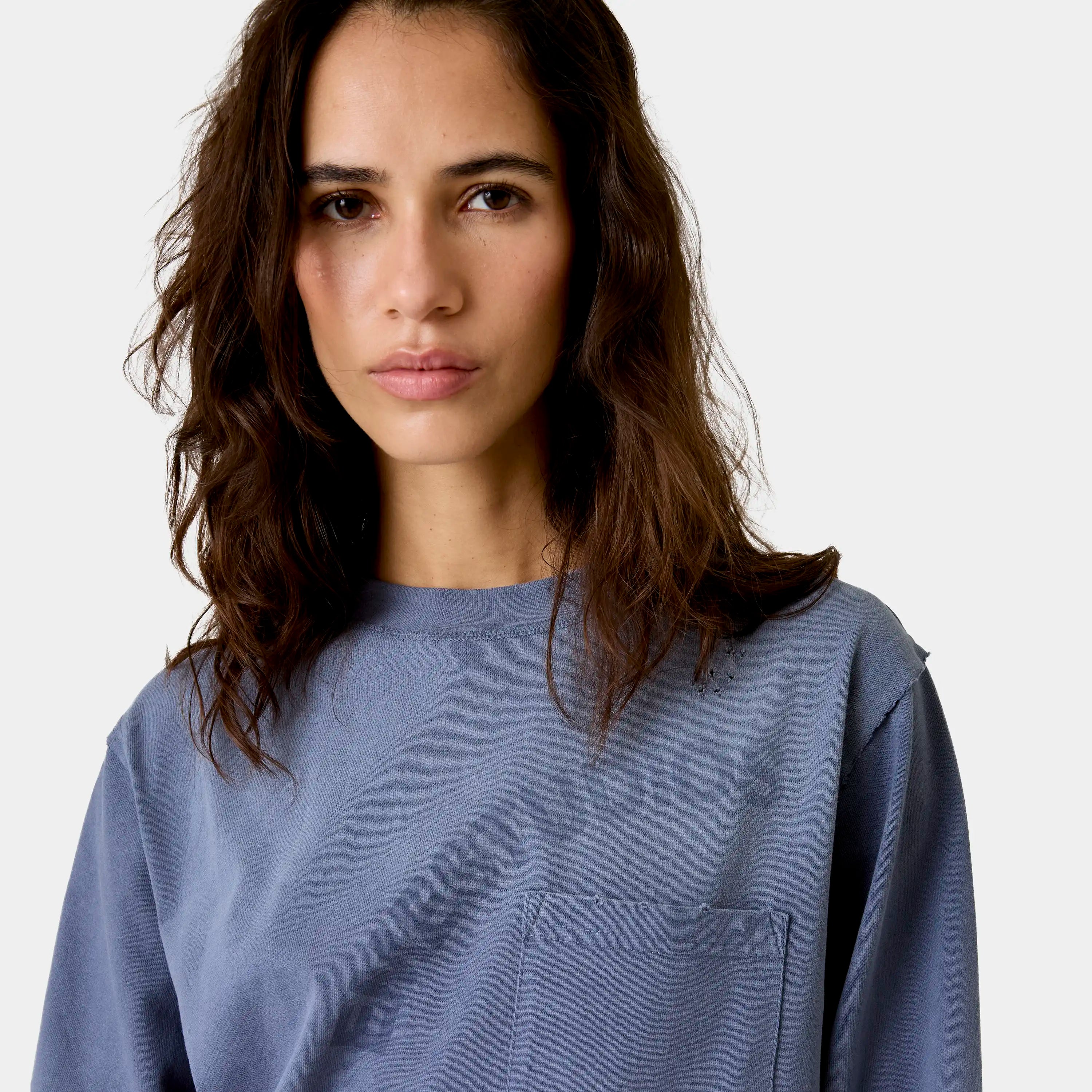 Frayed Pocket Navy Long Sleeve T-shirts Eme Studios