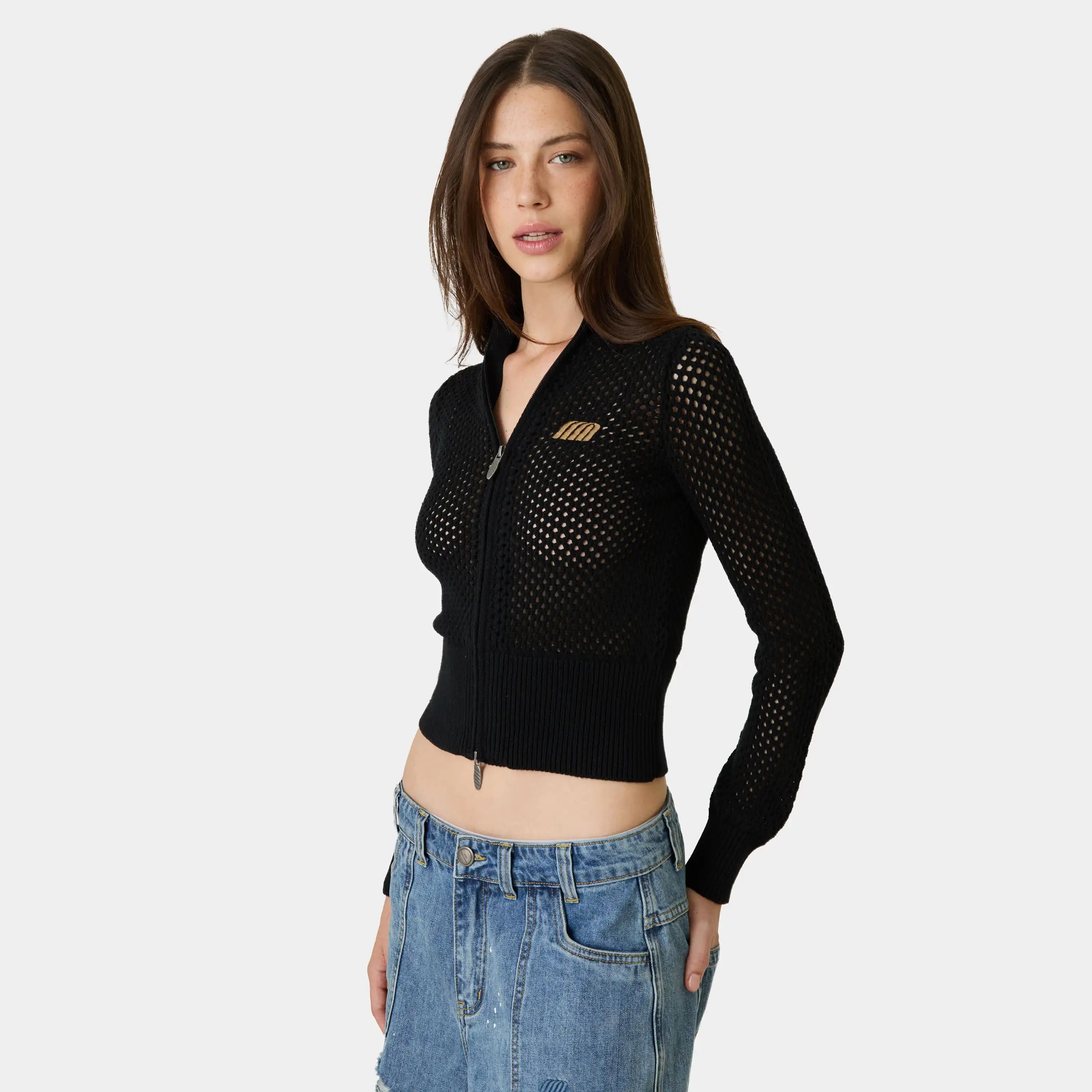 Ursula Black Crochet Full Zip Woman Knitwear Eme Studios