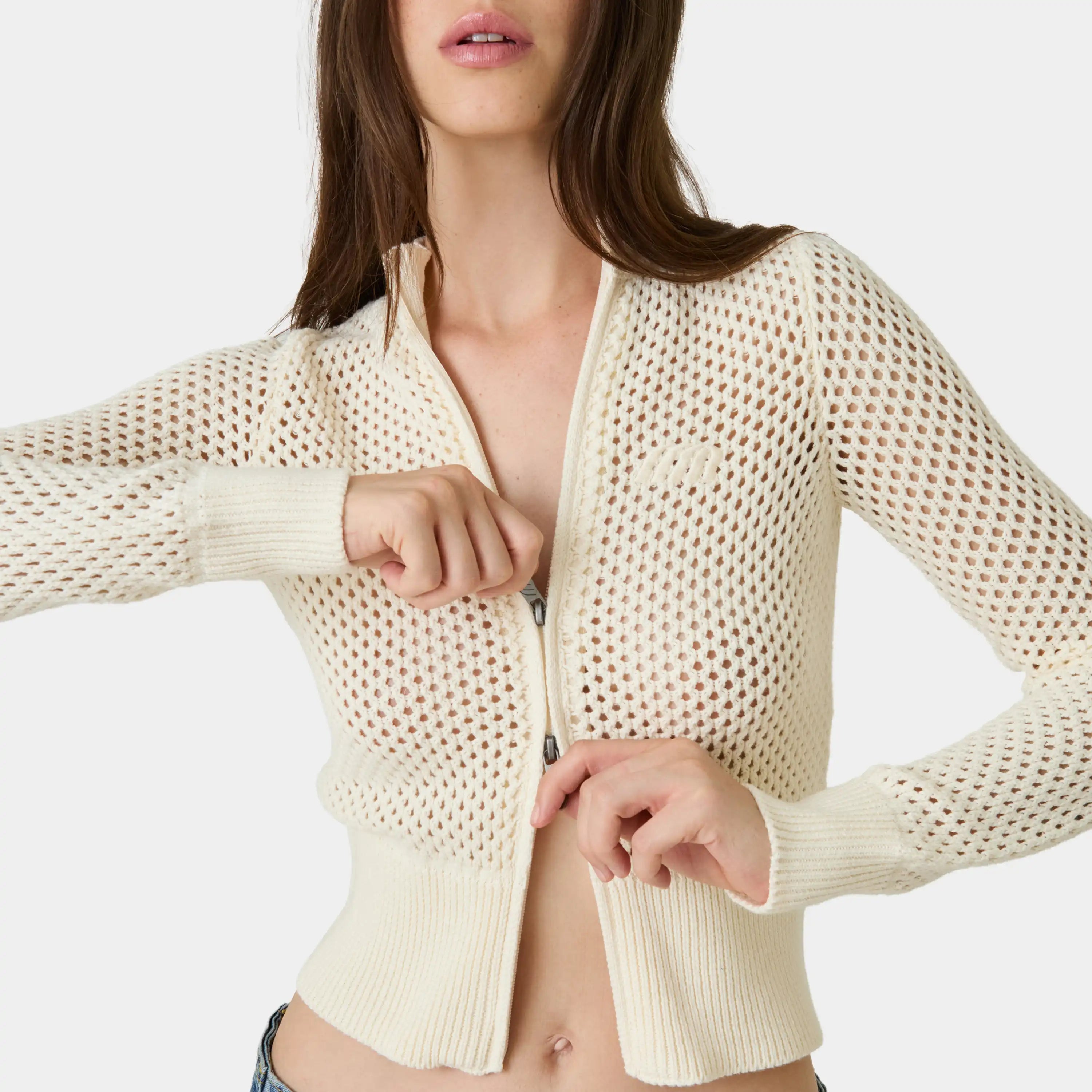Ursula Off Sand Crochet Full Zip Woman Knitwear Eme Studios