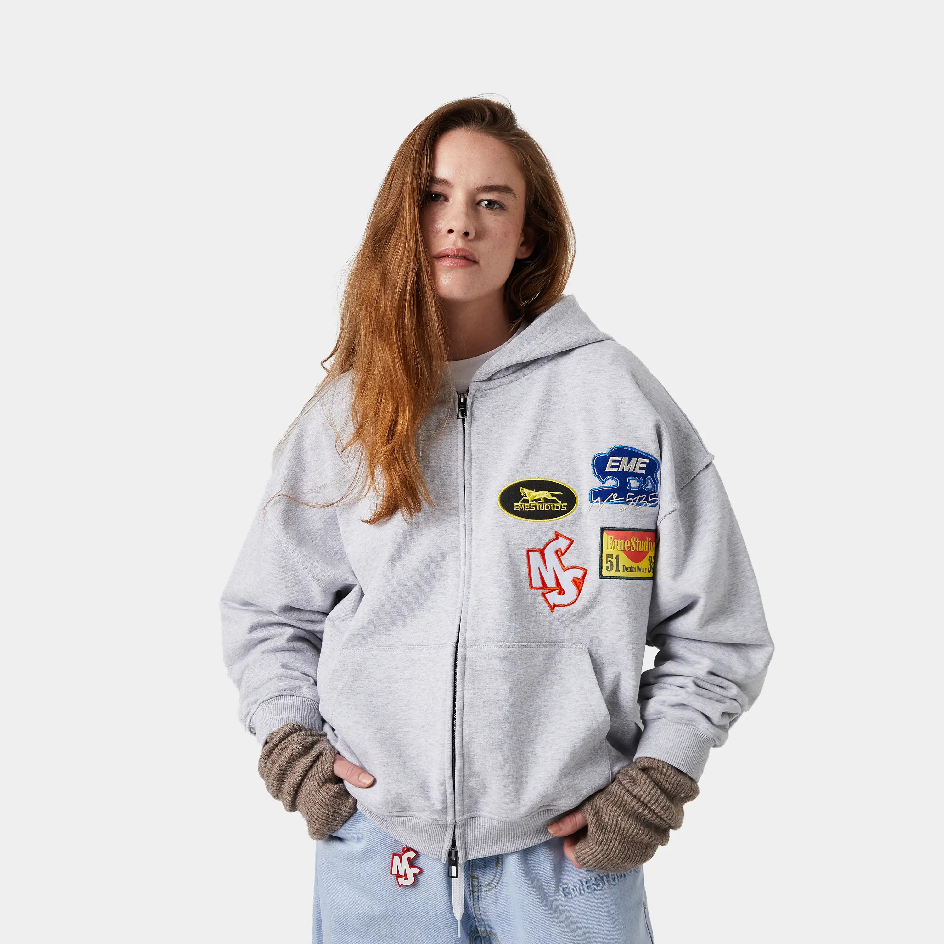 Patches Heather Grey Full Zip Hoodies eme