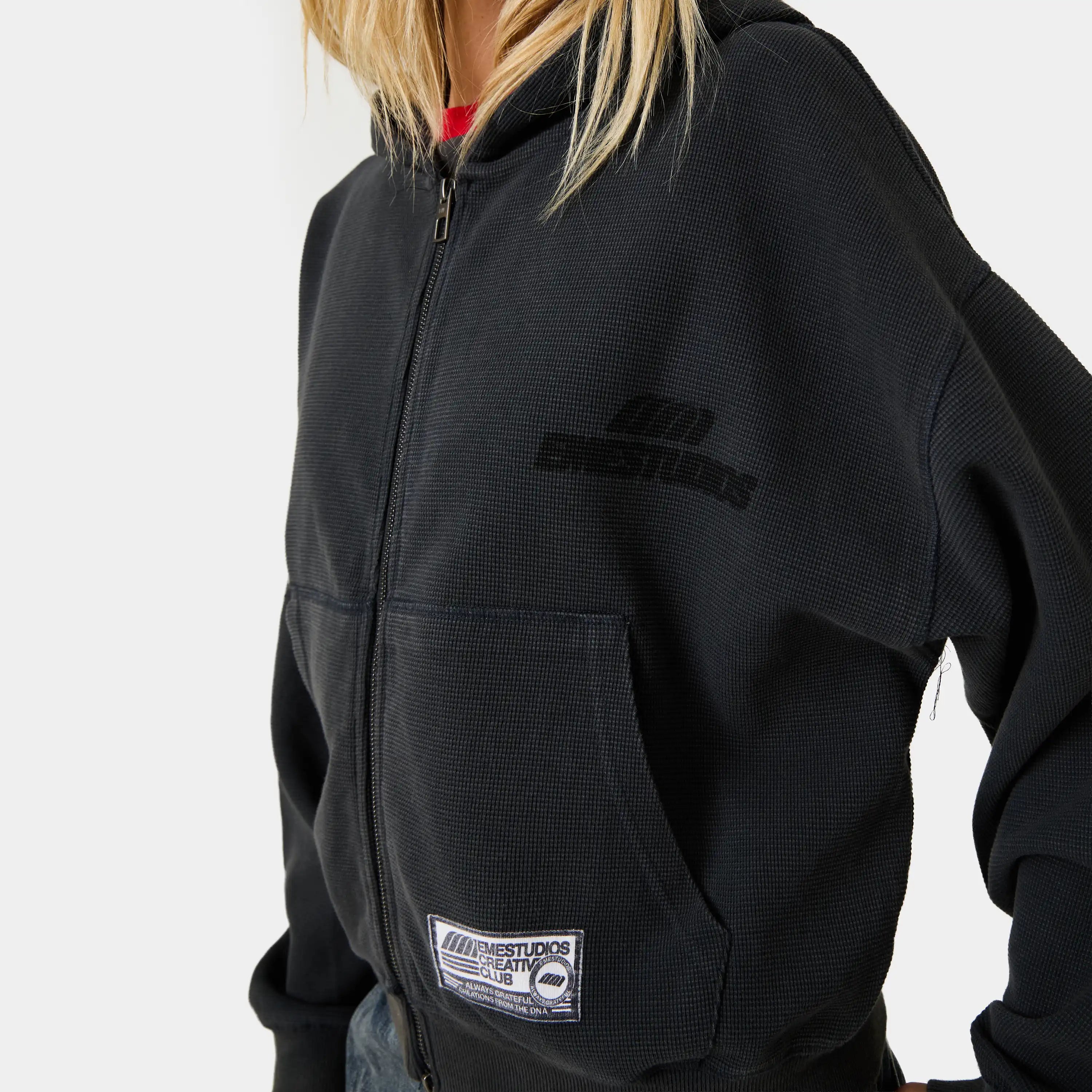 Waffle Navy Croped Boxy Full Zip Hoodies Eme Studios