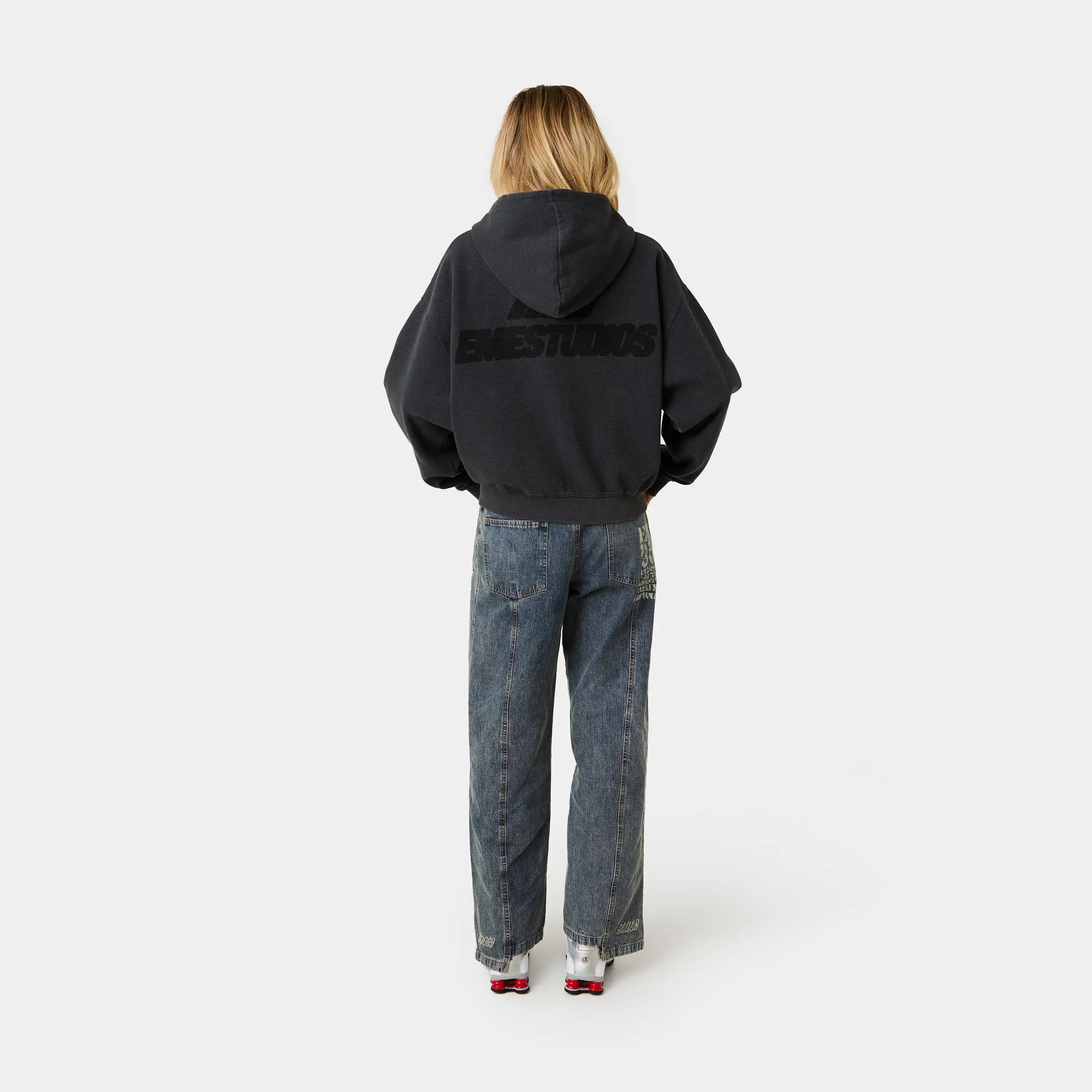 Waffle Navy Croped Boxy Full Zip Hoodies Eme Studios