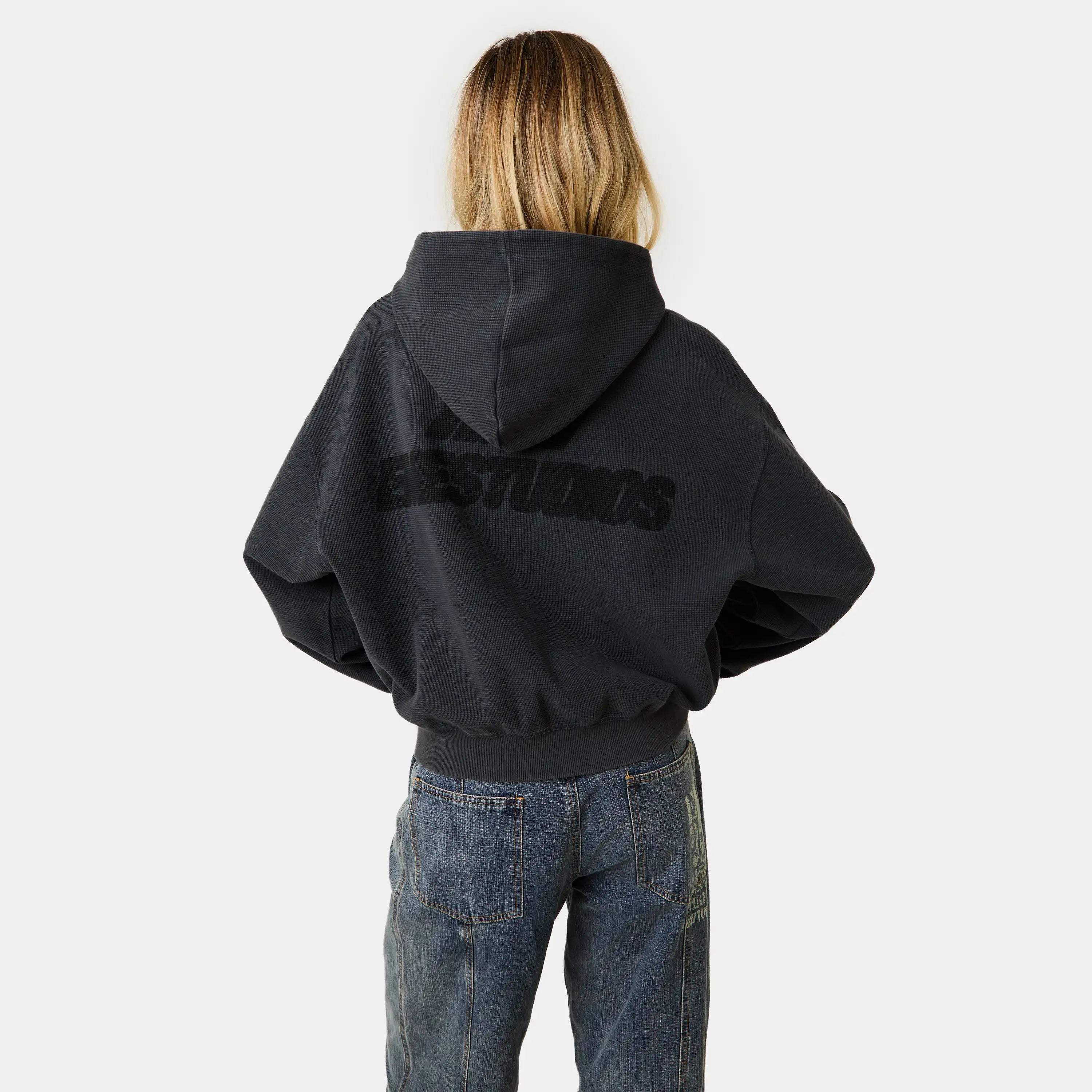 Waffle Navy Croped Boxy Full Zip Hoodies Eme Studios