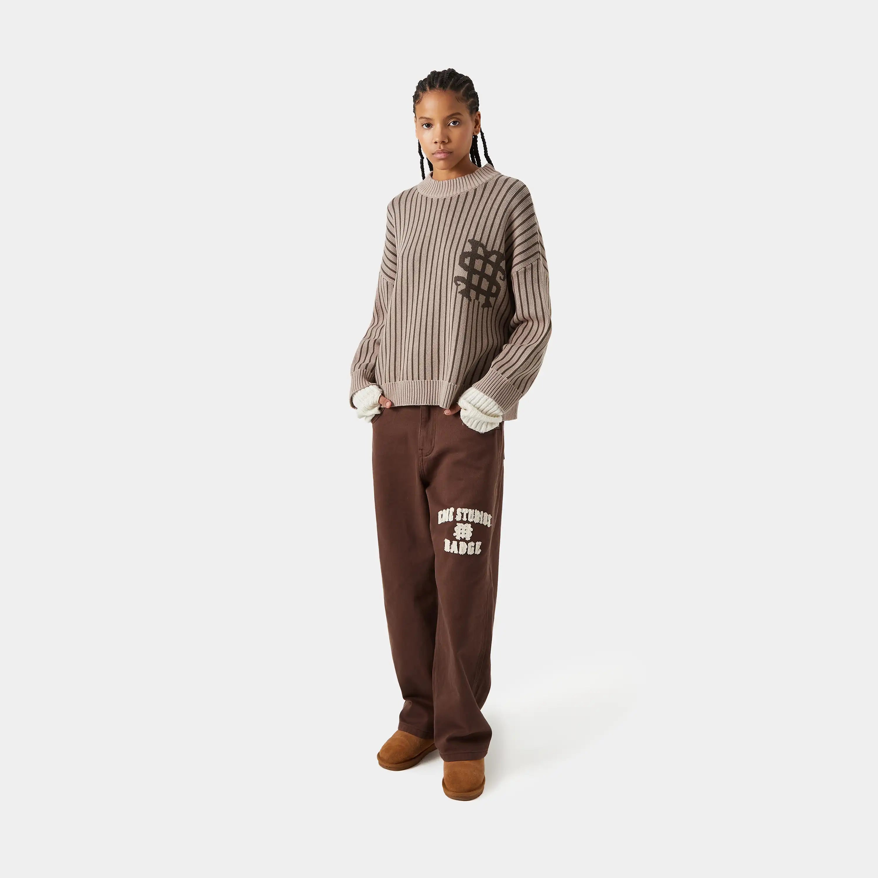Badge Muddy Brown Stripes Knit Sweater Knitwear eme