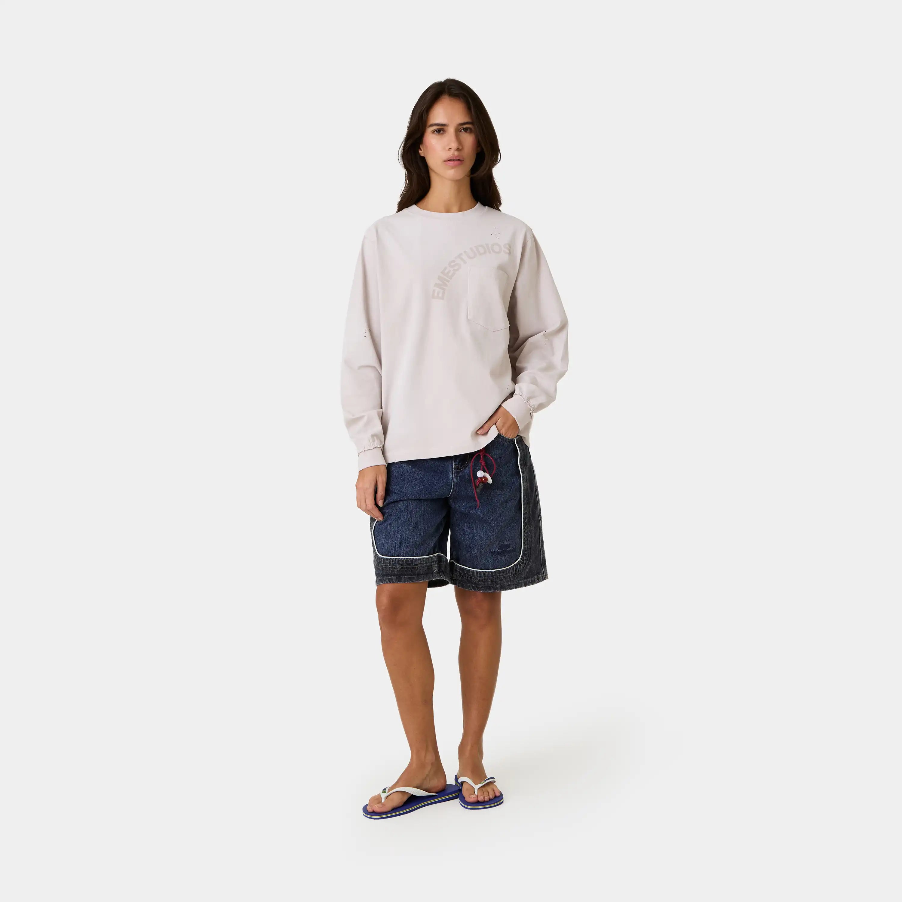 Frayed Pocket Off Sand Long Sleeve T-shirts Eme Studios
