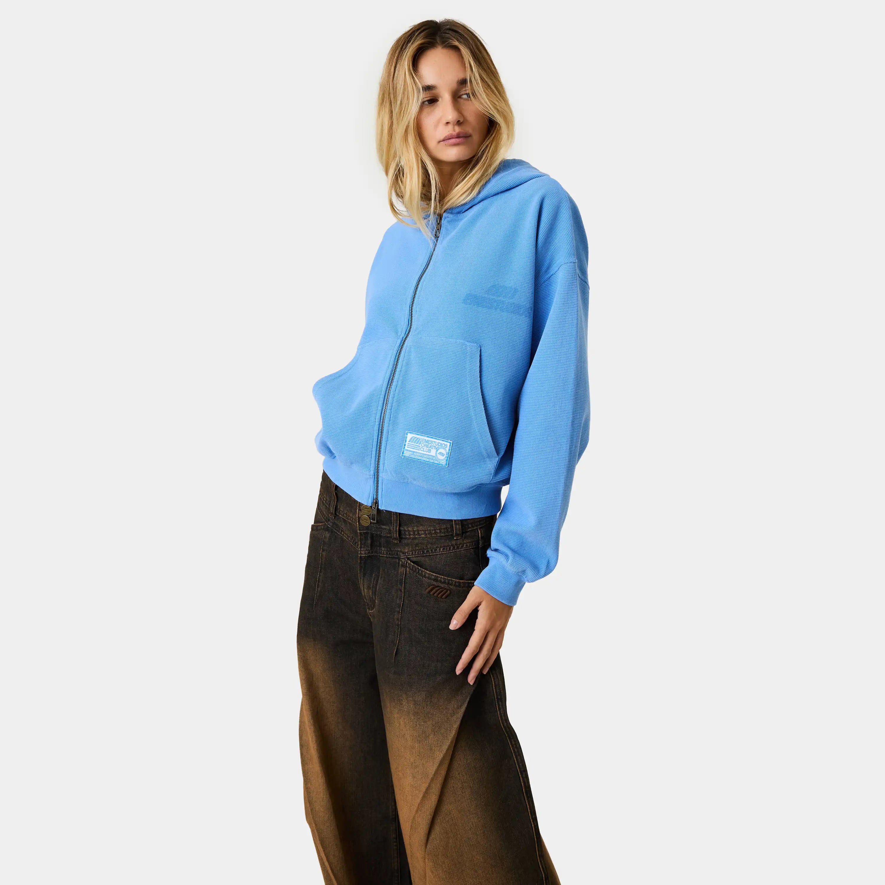 Waffle Cobalt Croped Boxy Full Zip Hoodies Eme Studios