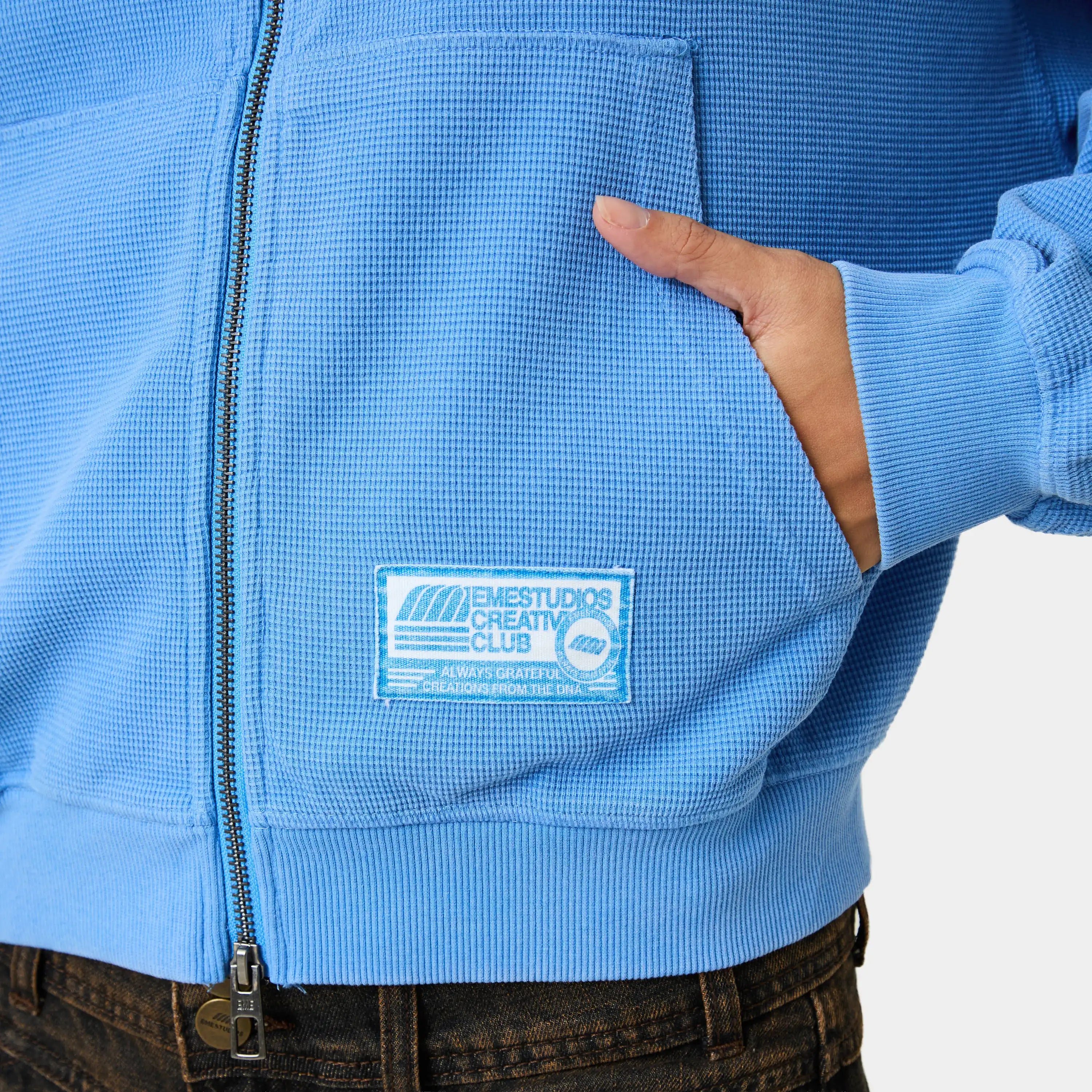 Waffle Cobalt Croped Boxy Full Zip Hoodies Eme Studios