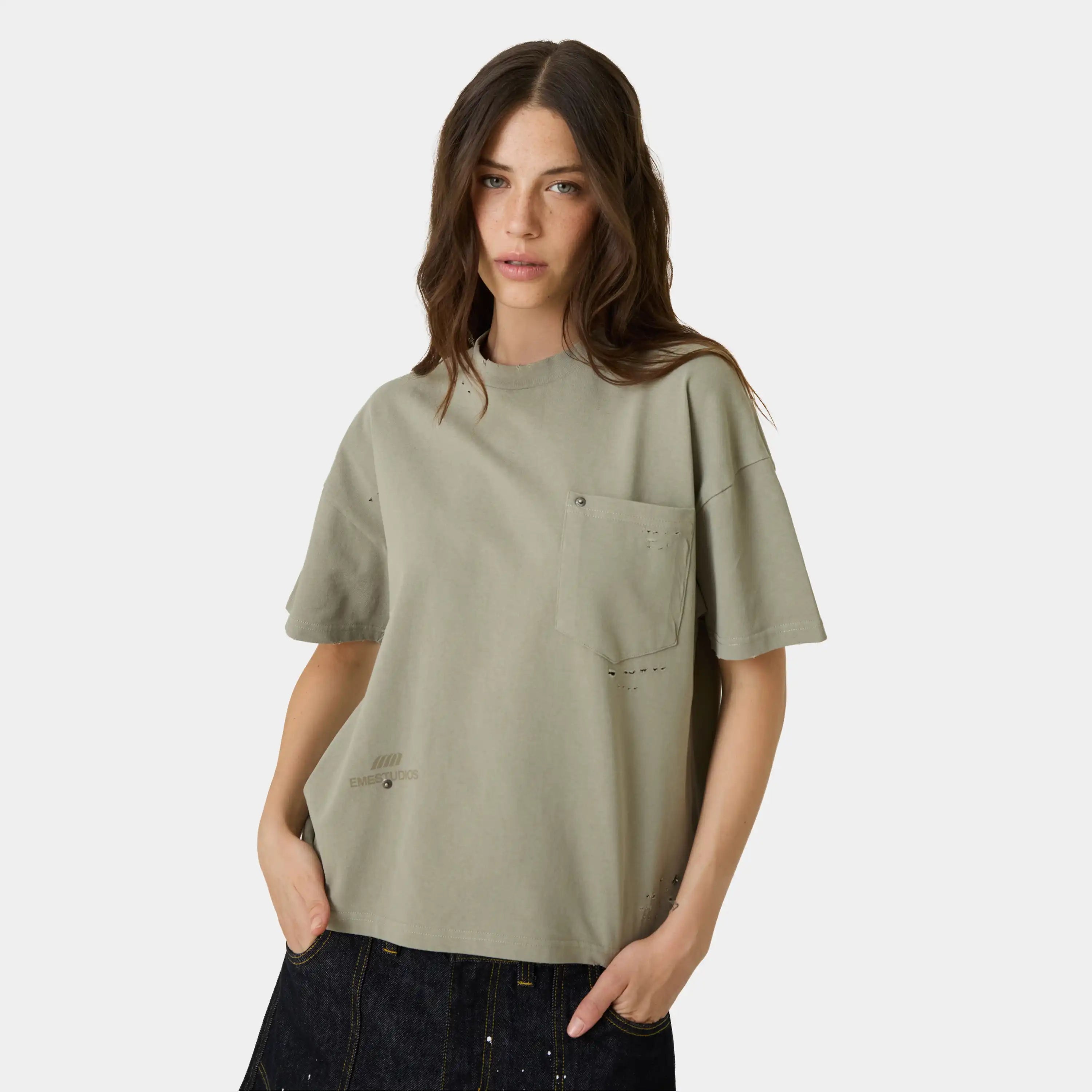 Distressed Olive Oversized Tee T-shirts Eme Studios