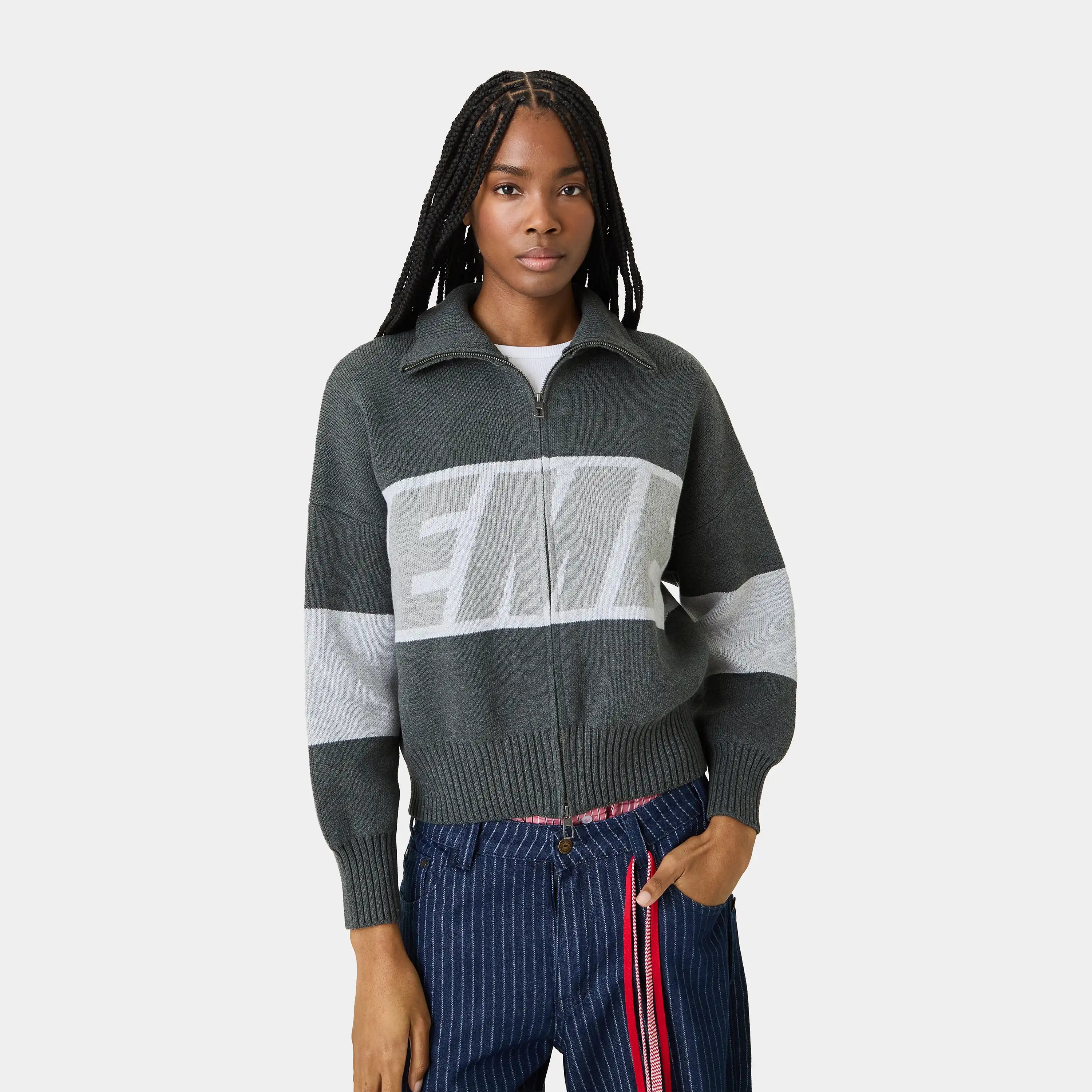 Thrill Grandpa Grey Zipper Knit Knitwear eme