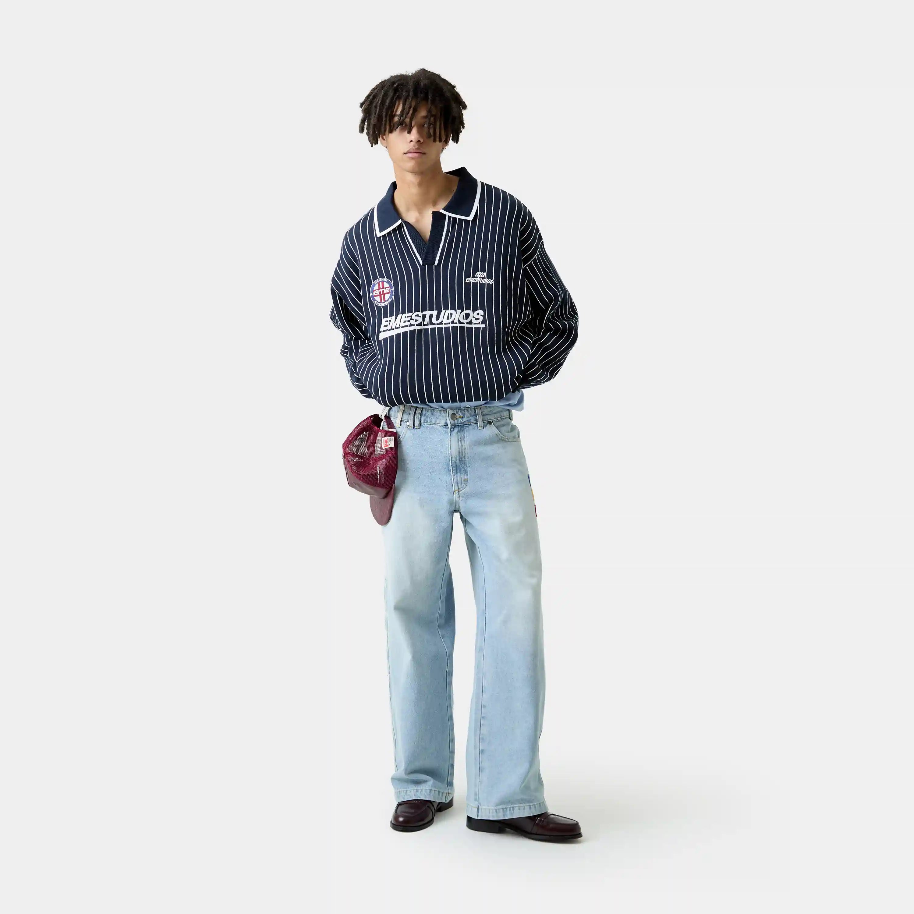 Pinstripe Navy Knit Polo Knitwear Eme Studios
