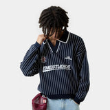 Pinstripe Navy Knit Polo Knitwear Eme Studios