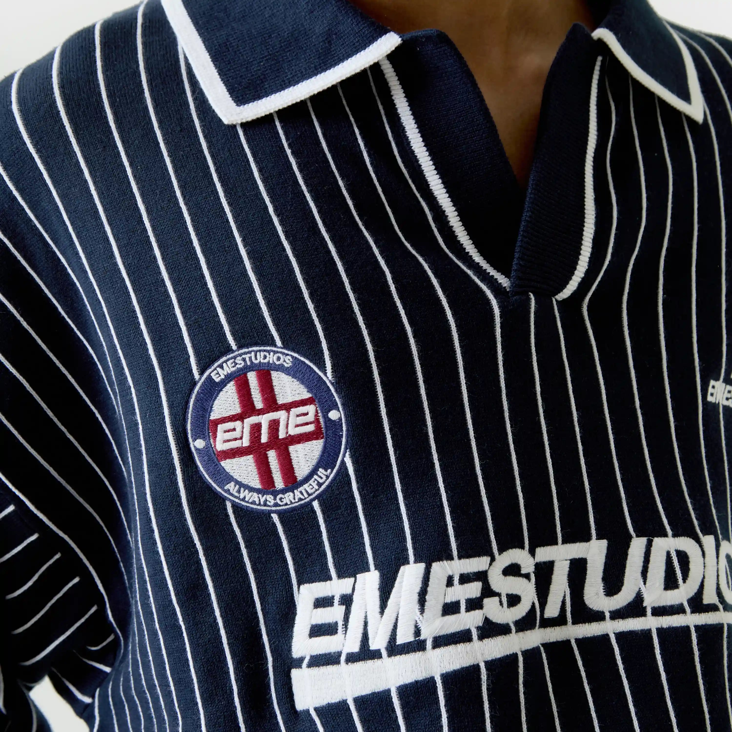 Pinstripe Navy Knit Polo Knitwear Eme Studios