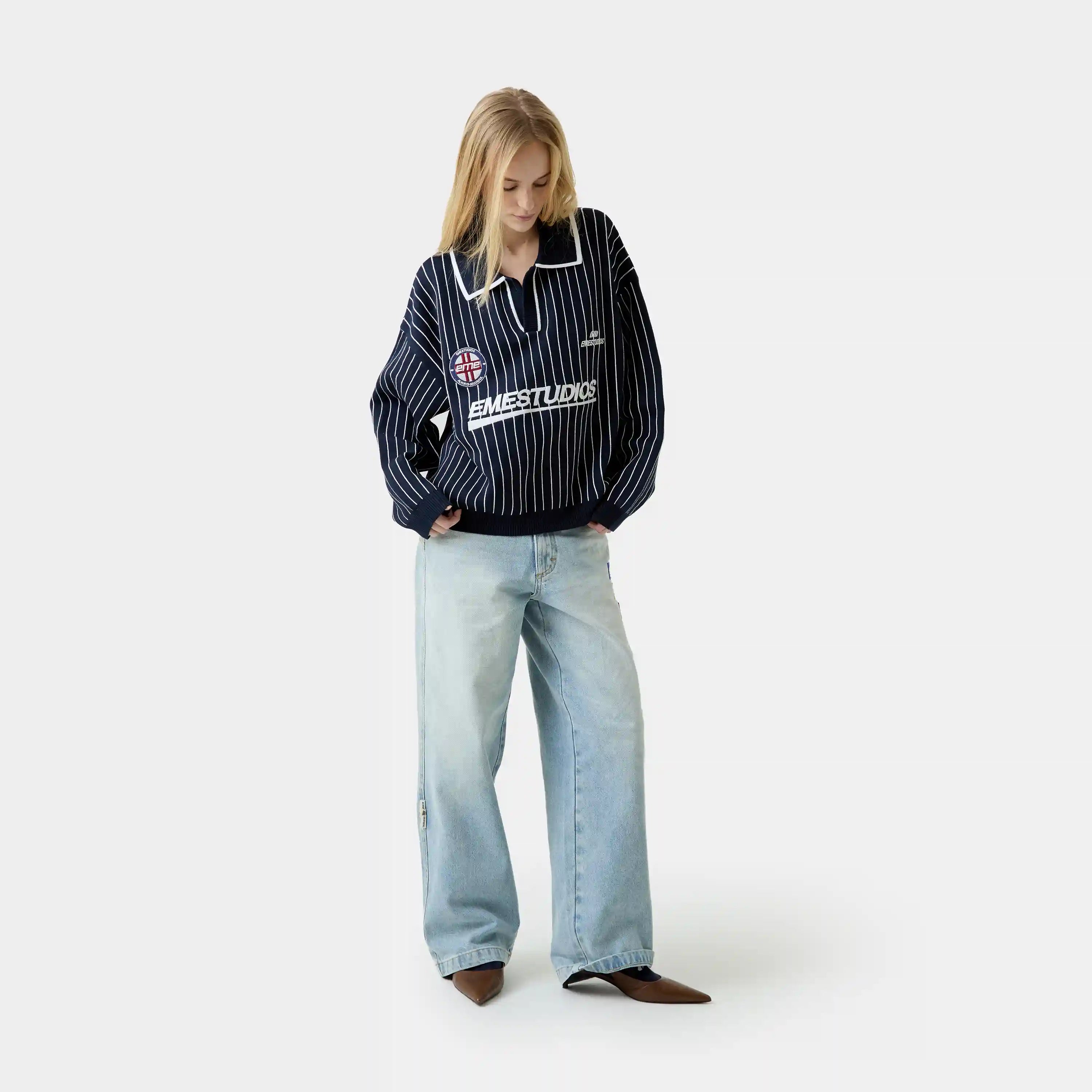 Pinstripe Navy Knit Polo Knitwear Eme Studios