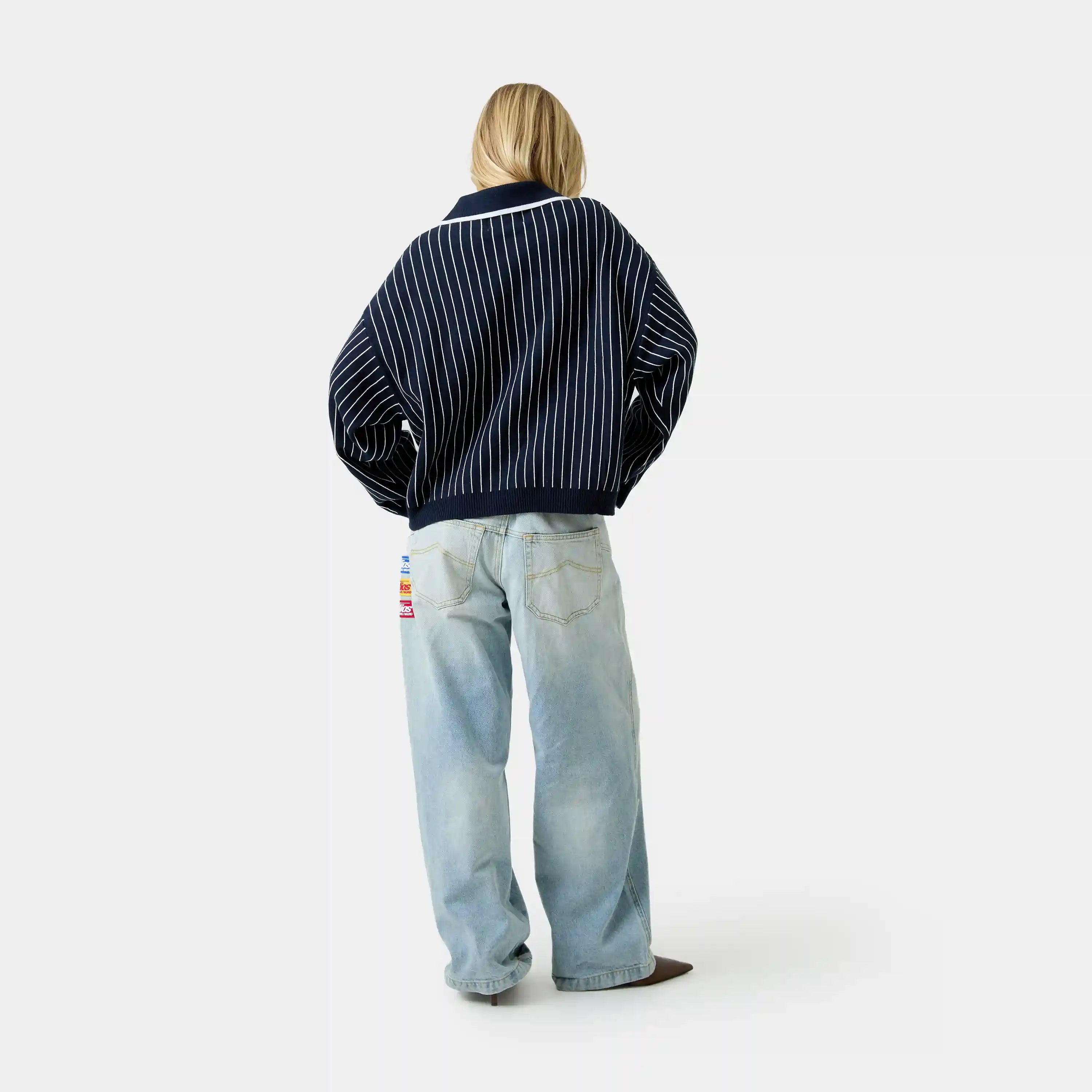 Pinstripe Navy Knit Polo Knitwear Eme Studios