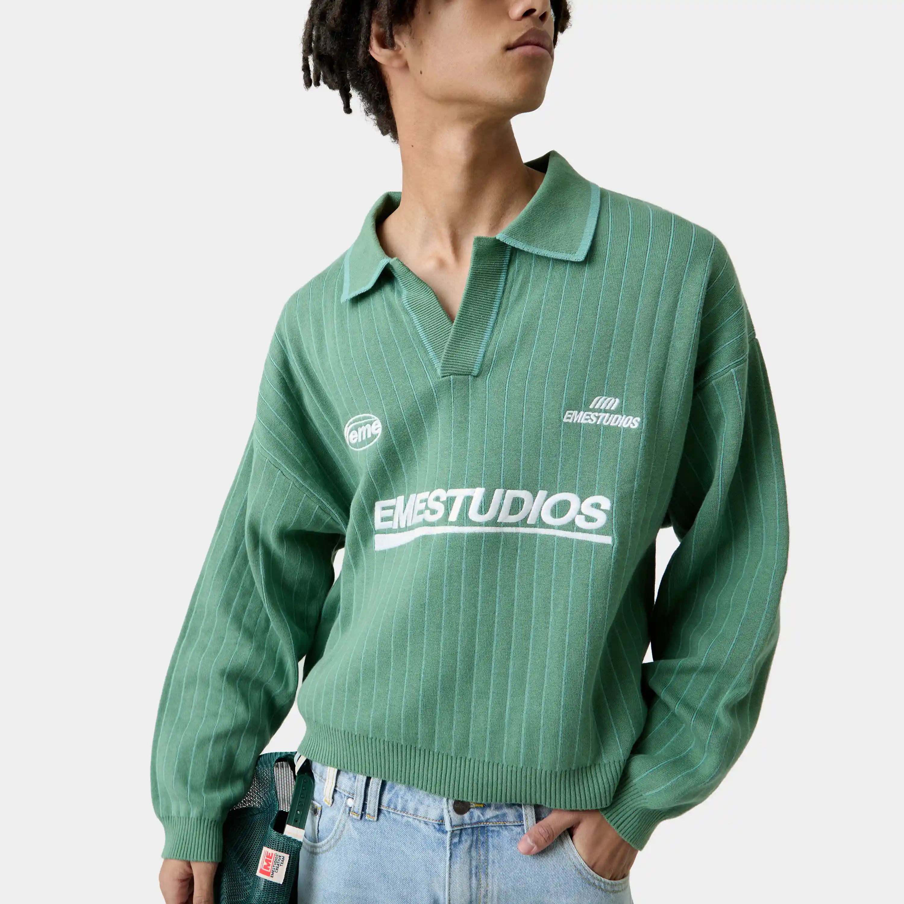 Pinstripe Deep Grass Knit Polo Knitwear Eme Studios