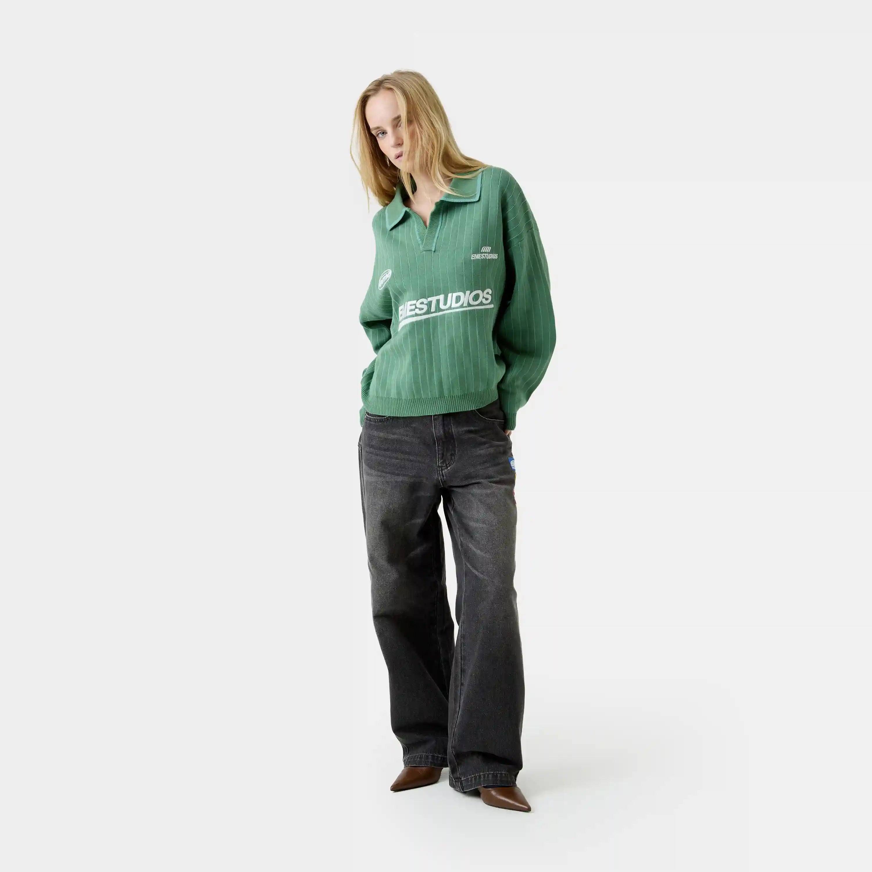 Pinstripe Deep Grass Knit Polo Knitwear Eme Studios
