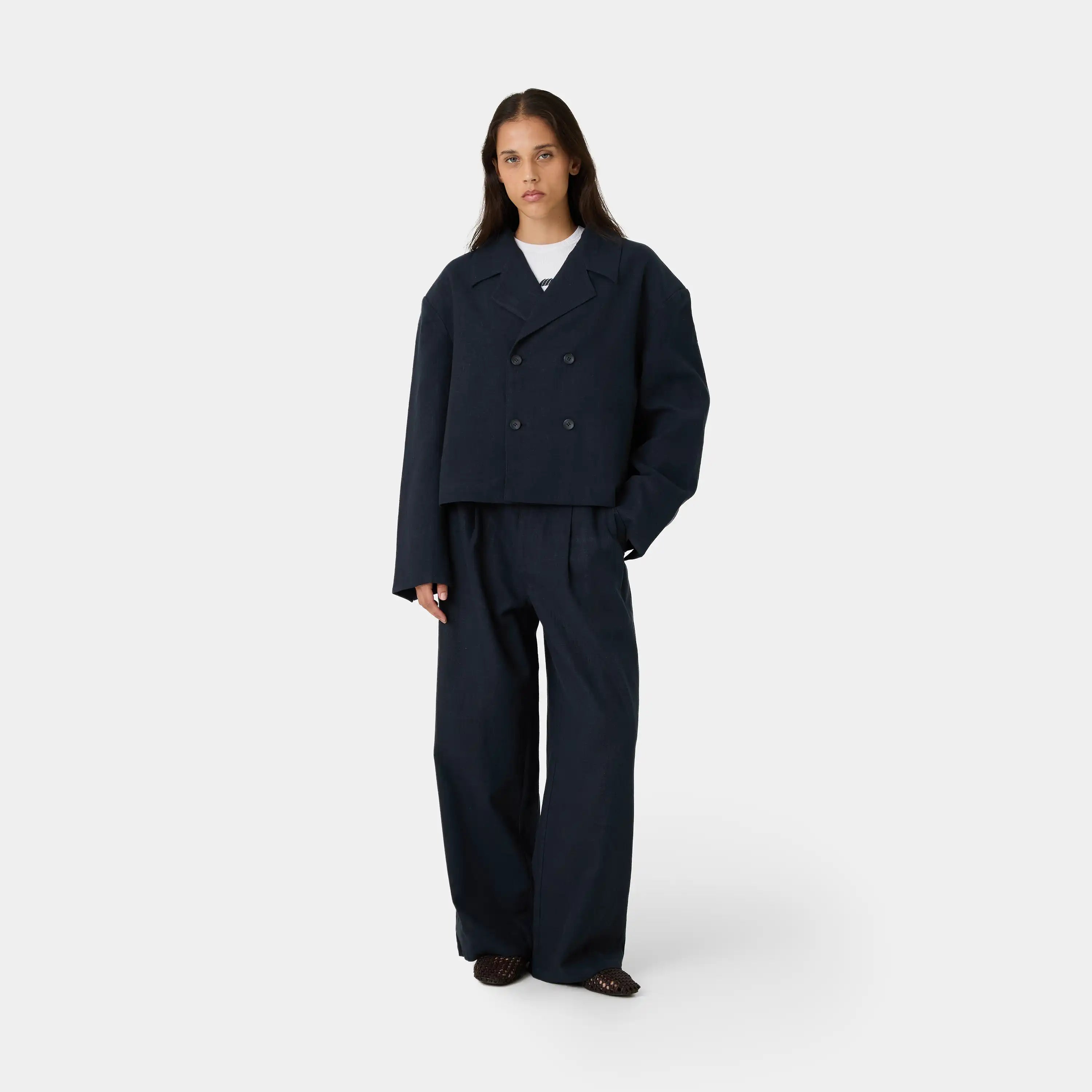 Tide Navy Linen Blazer Outerwear Eme Studios