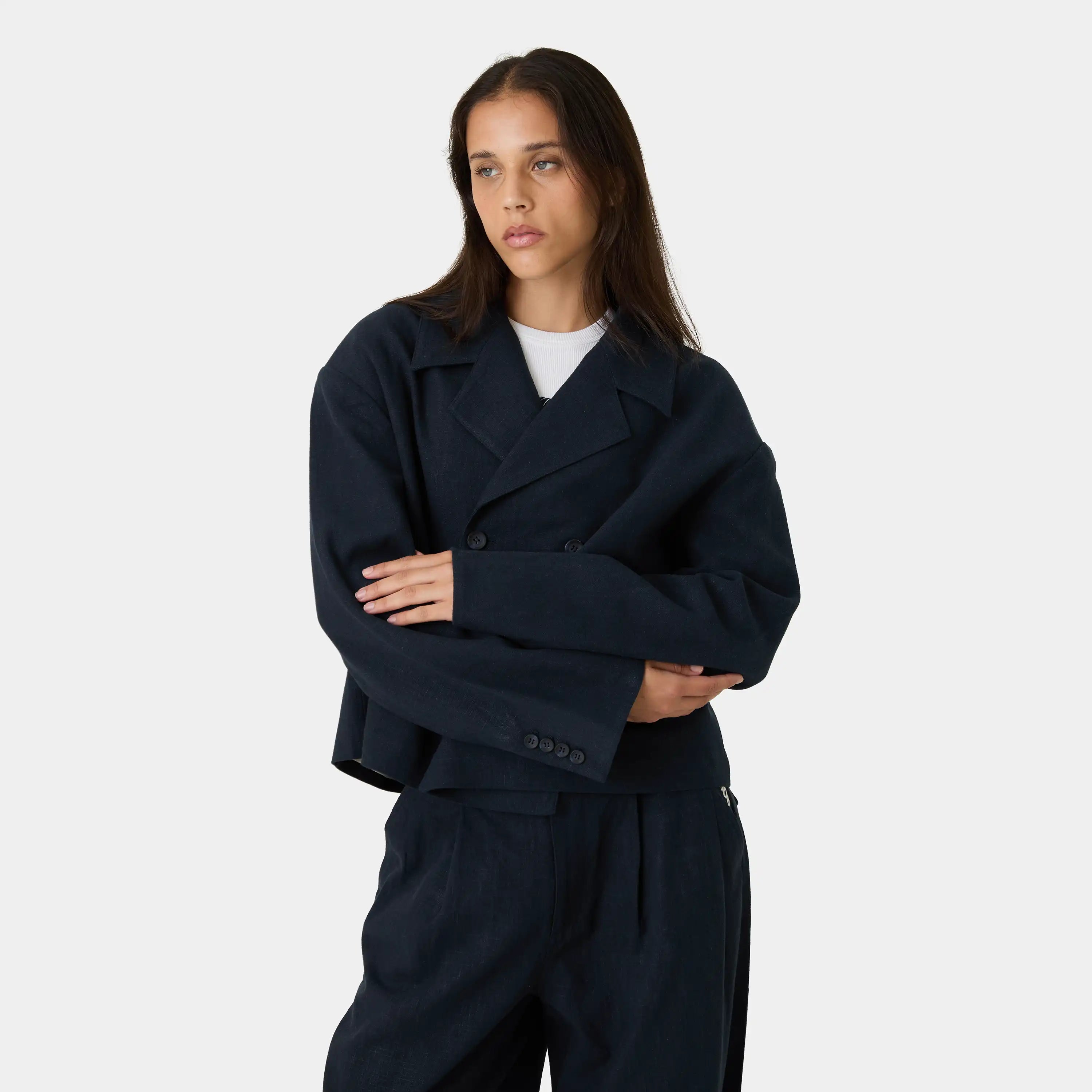 Tide Navy Linen Blazer Outerwear Eme Studios