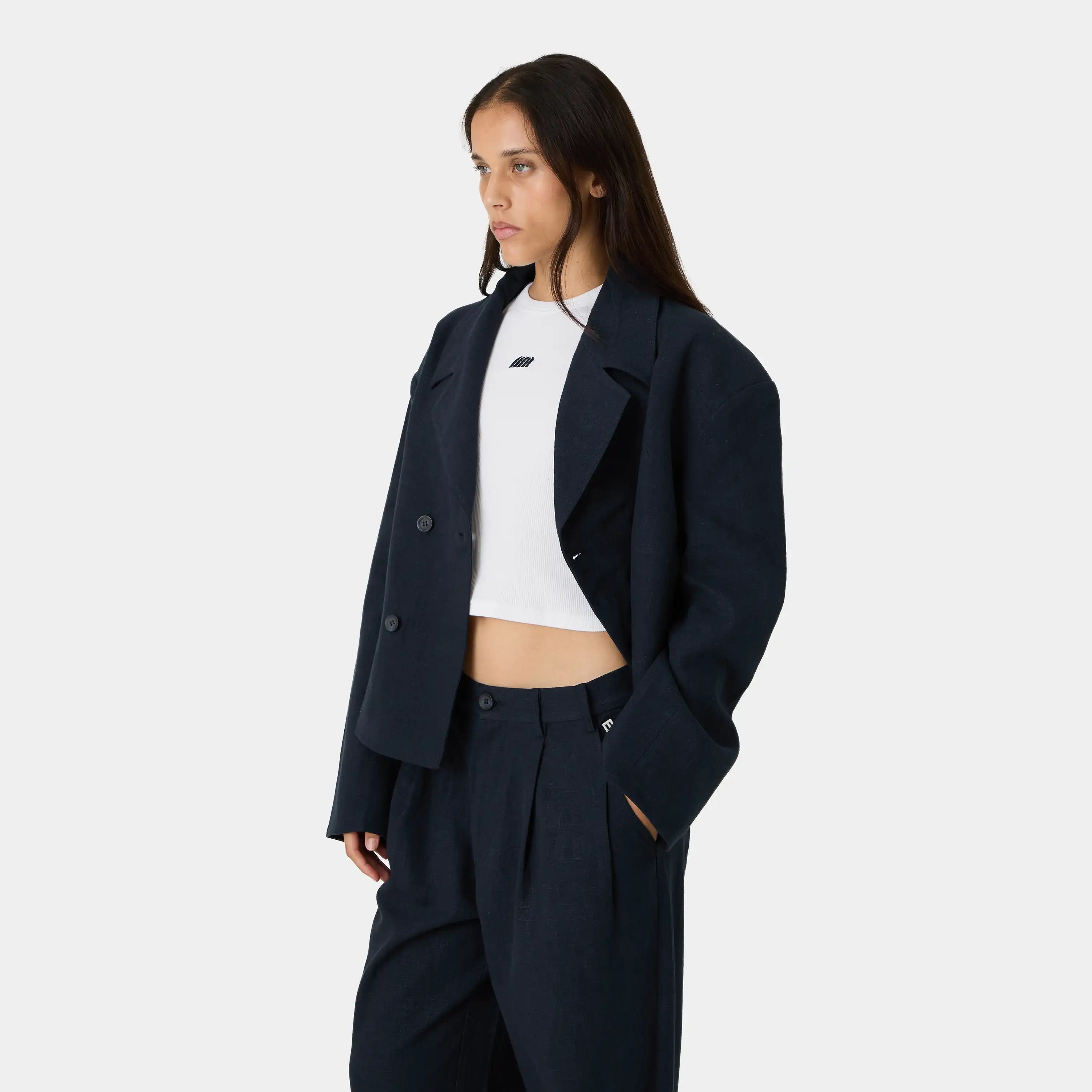 Tide Navy Linen Blazer Outerwear Eme Studios