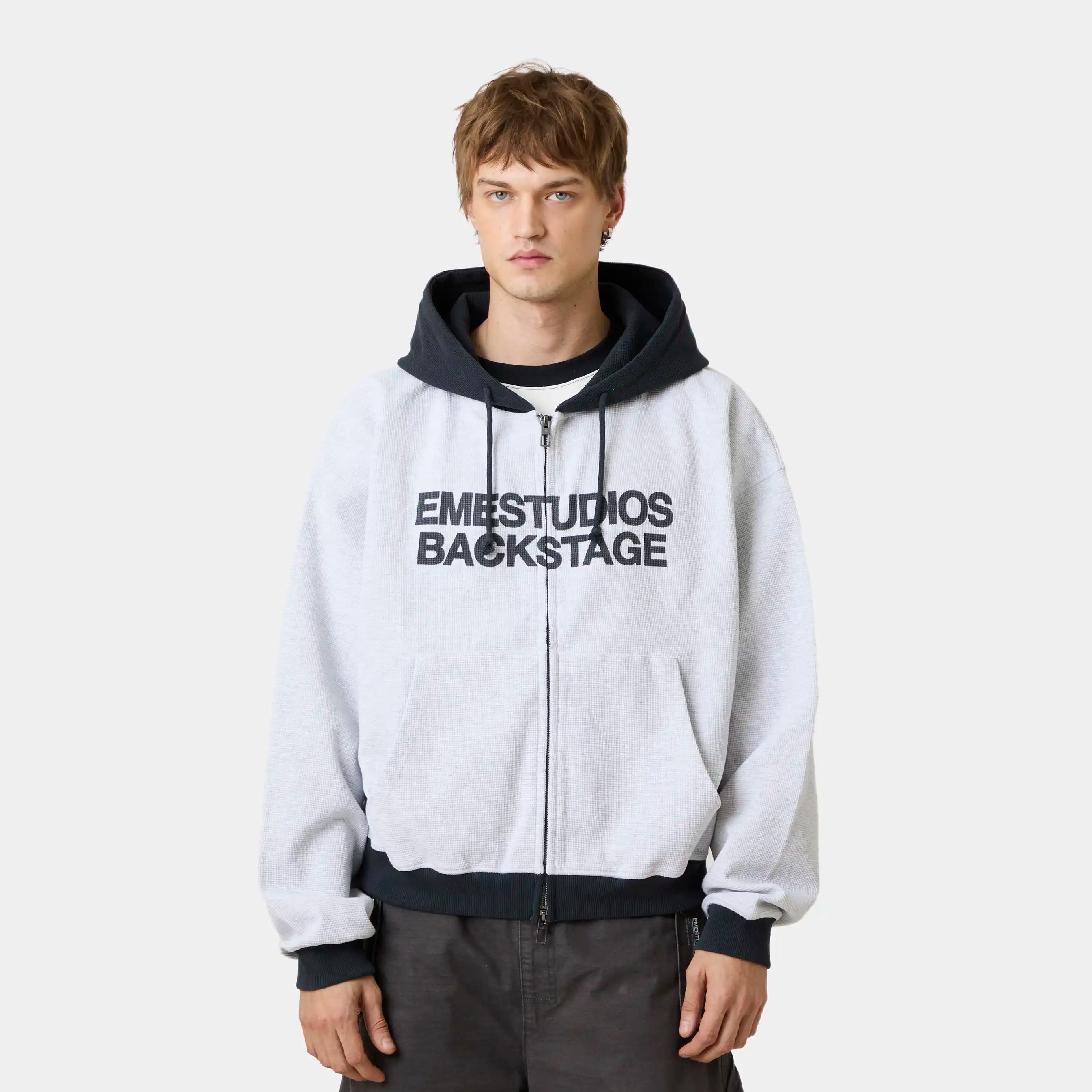 Backstage Navy Waffle Full Zip Hoodies Eme Studios