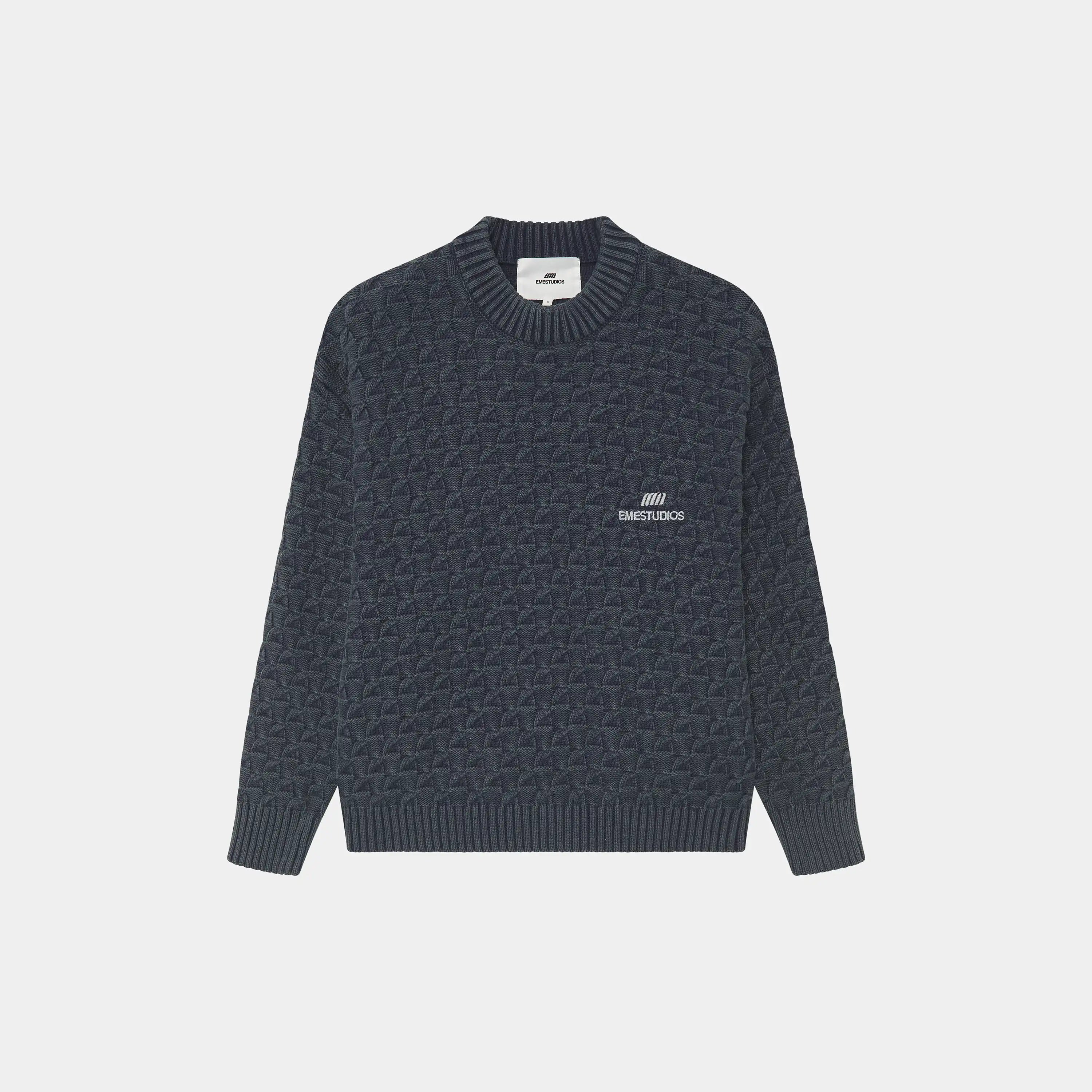 Grid Navy Cable Knit Sweater Knitwear Eme Studios