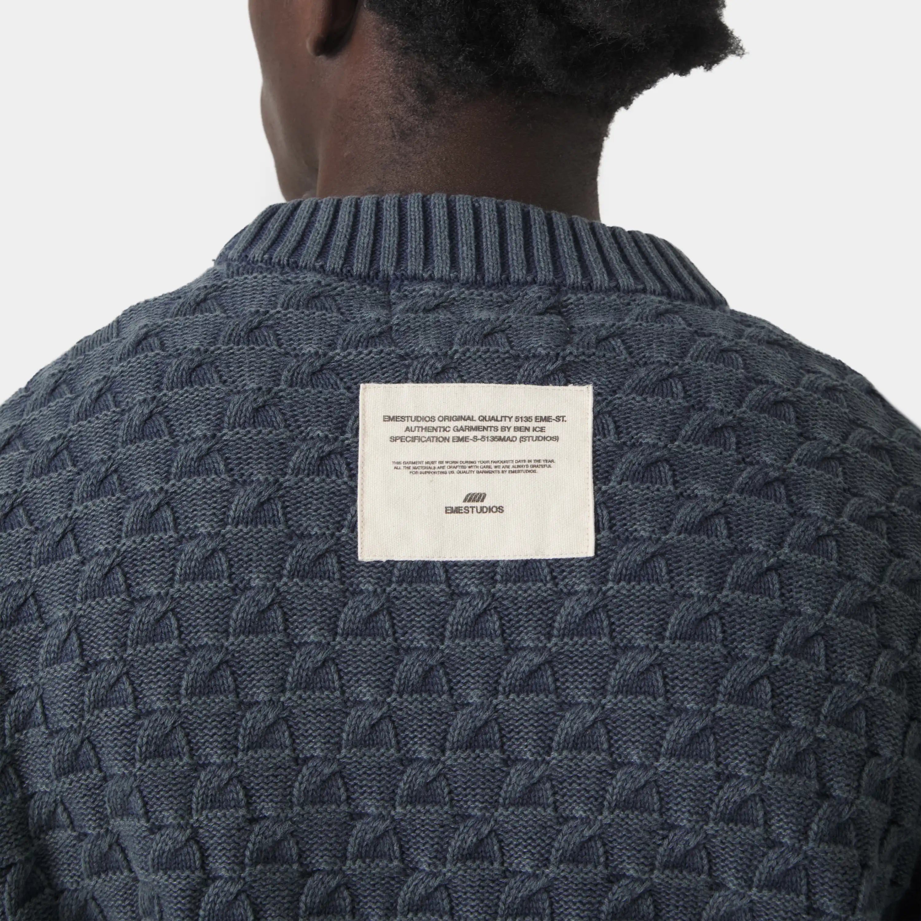 Grid Navy Cable Knit Sweater Knitwear Eme Studios