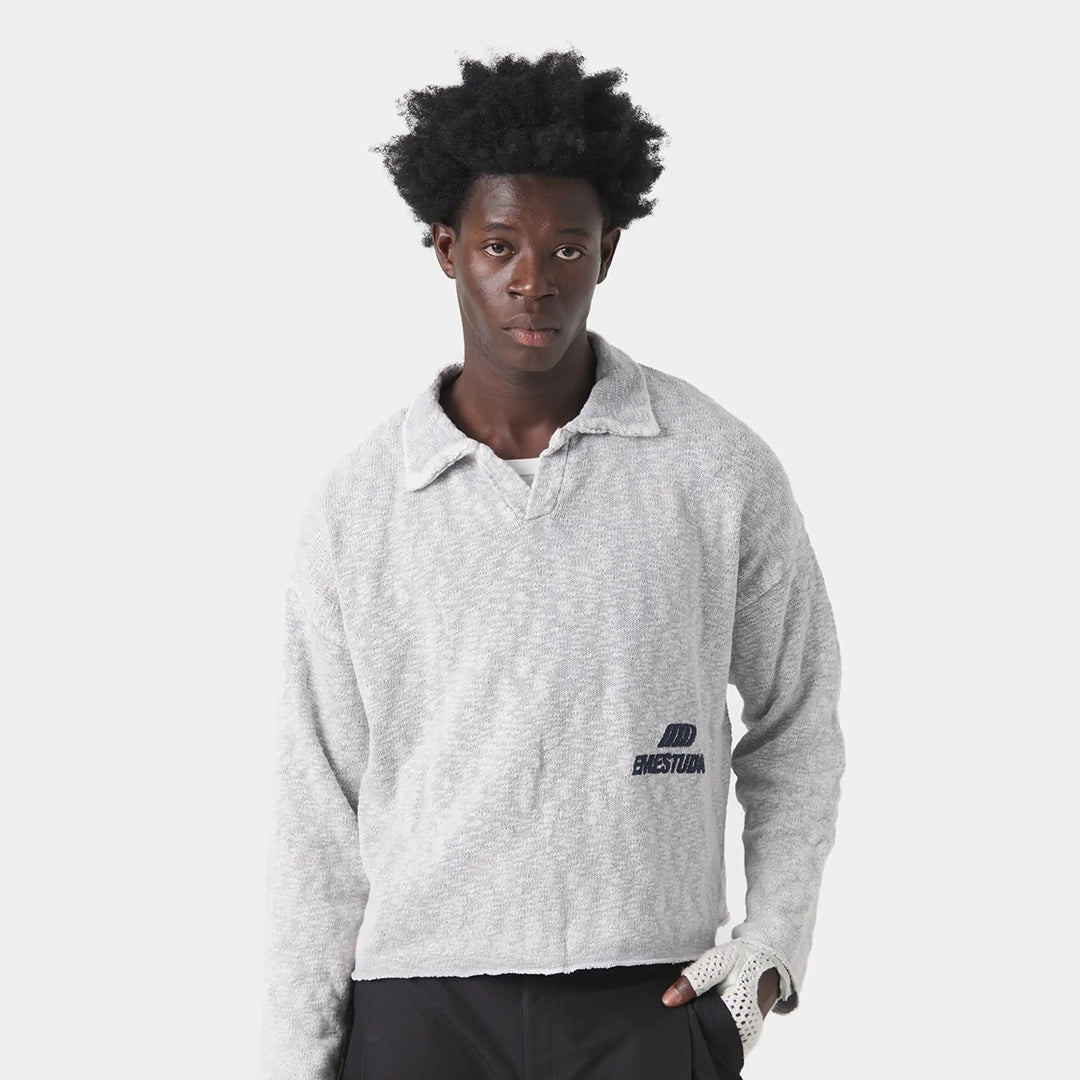 Kiff Grey Distressed Knit Polo Knitwear eme